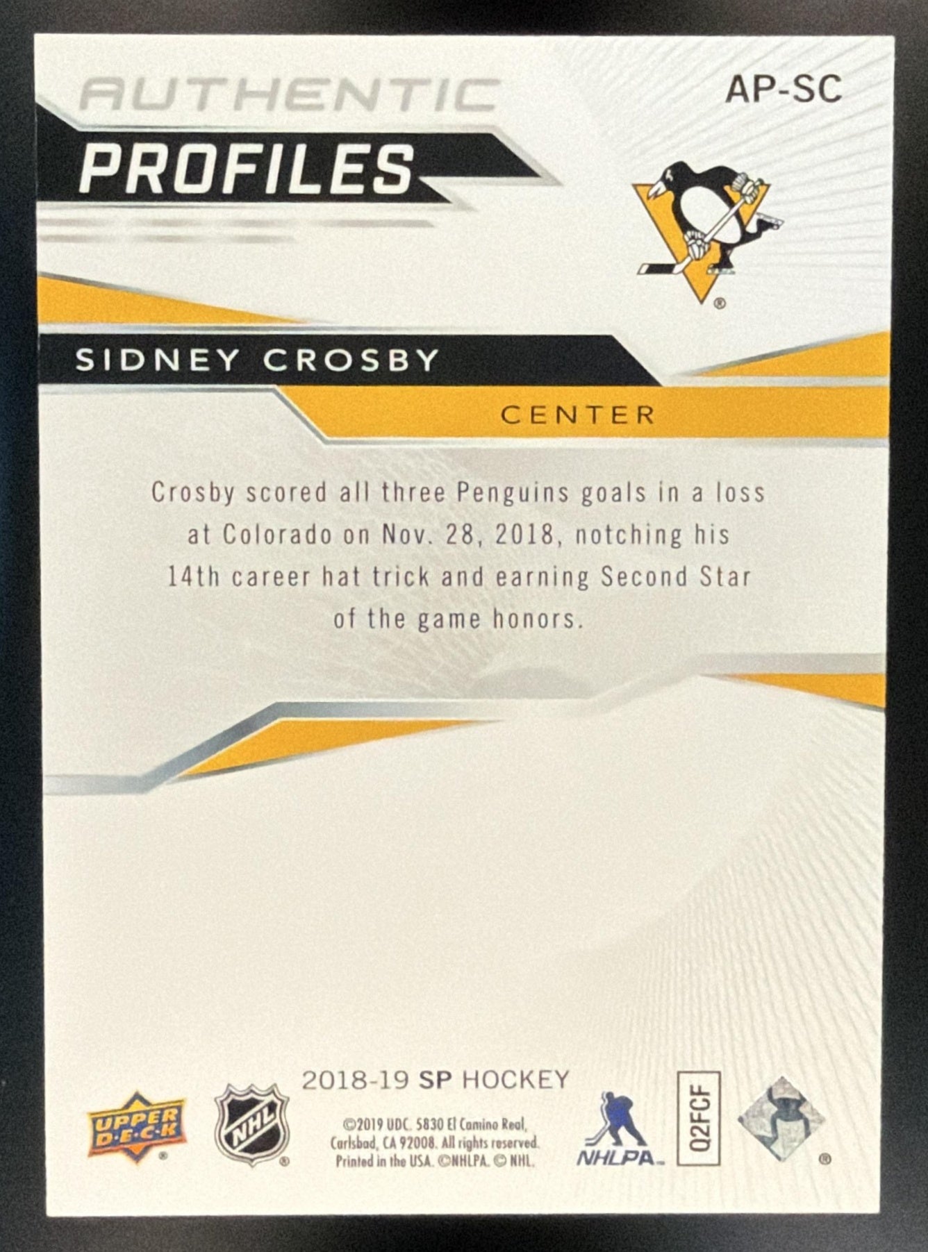 2018 Upper Deck SP Hockey Sidney Crosby #AP-SC Authentic Profiles /649 — back