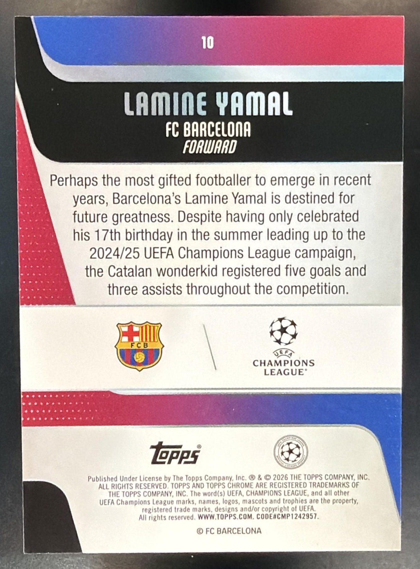 2025 Topps Chrome UEFA Club Competitions Lamine Yamal #10 RayWave Refractor — back