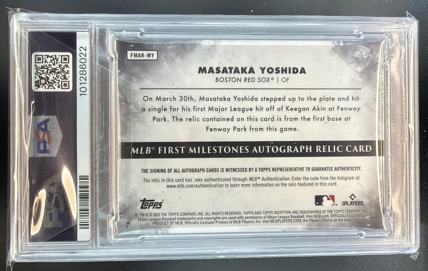 2023 Topps Inception Masataka Yoshida First Milestones Auto Relics /5 RC PSA 8 — back