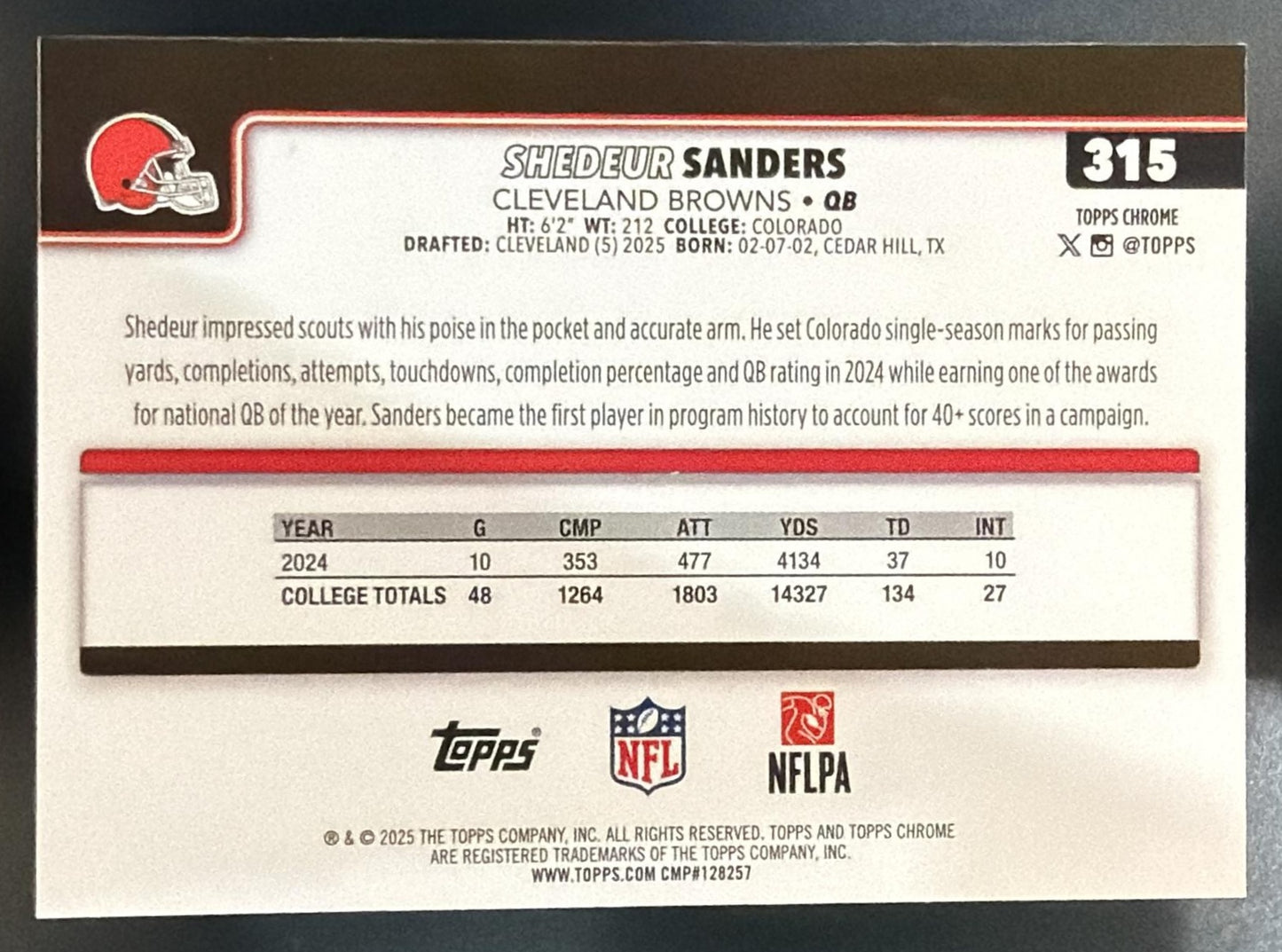 2025 Topps Chrome Shedeur Sanders #315 Rookie Refractor RC Browns — back