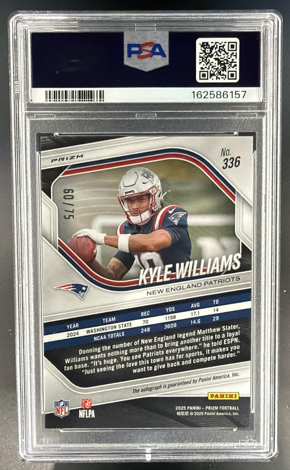 2025 Panini Prizm Kyle Williams #336 Rookie Auto Green Scope /75 RC PSA 10 — back