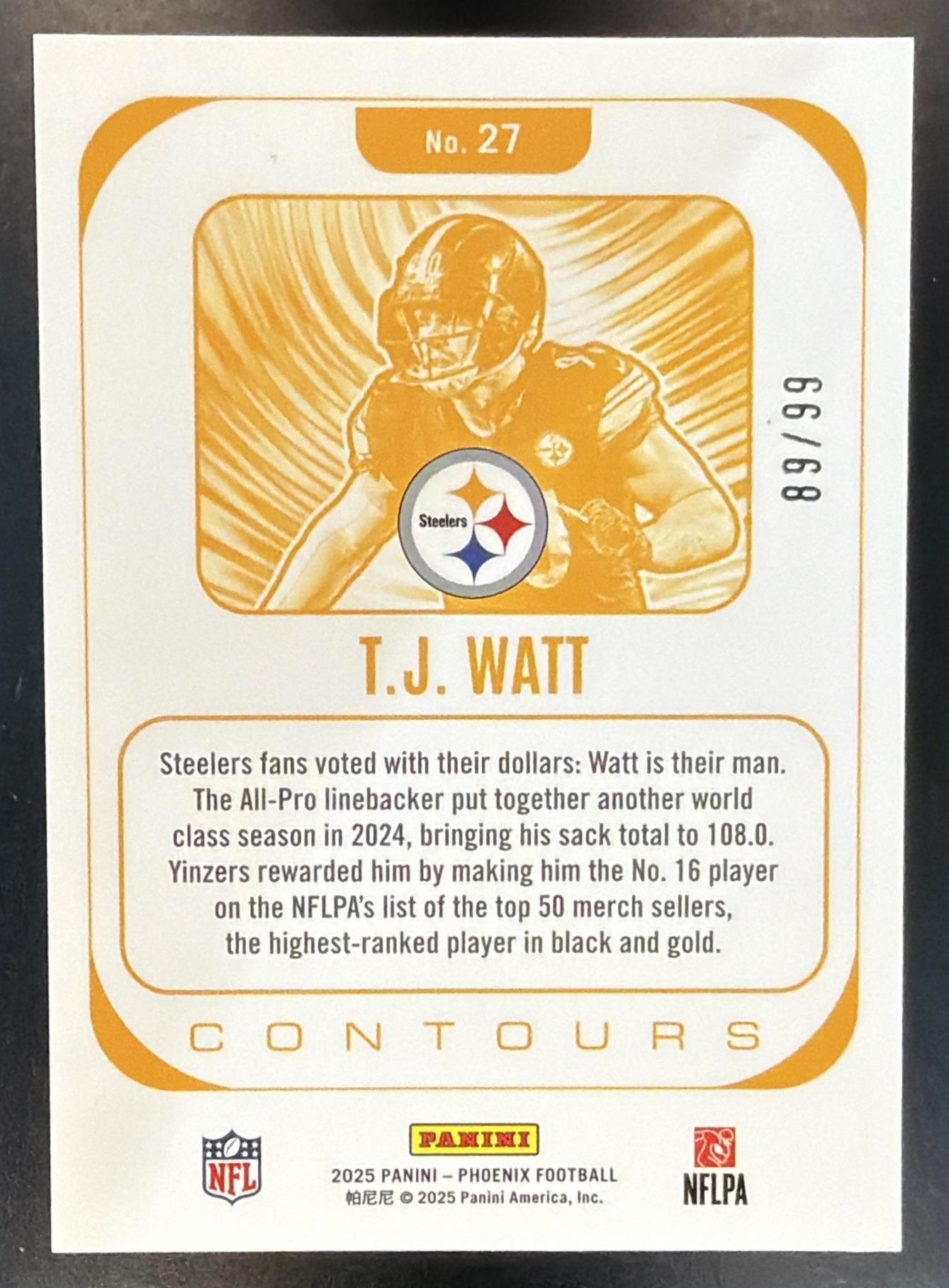 2025 Panini Phoenix T.J. Watt #27 Contours Silver Seismic 89/99 Steelers — back