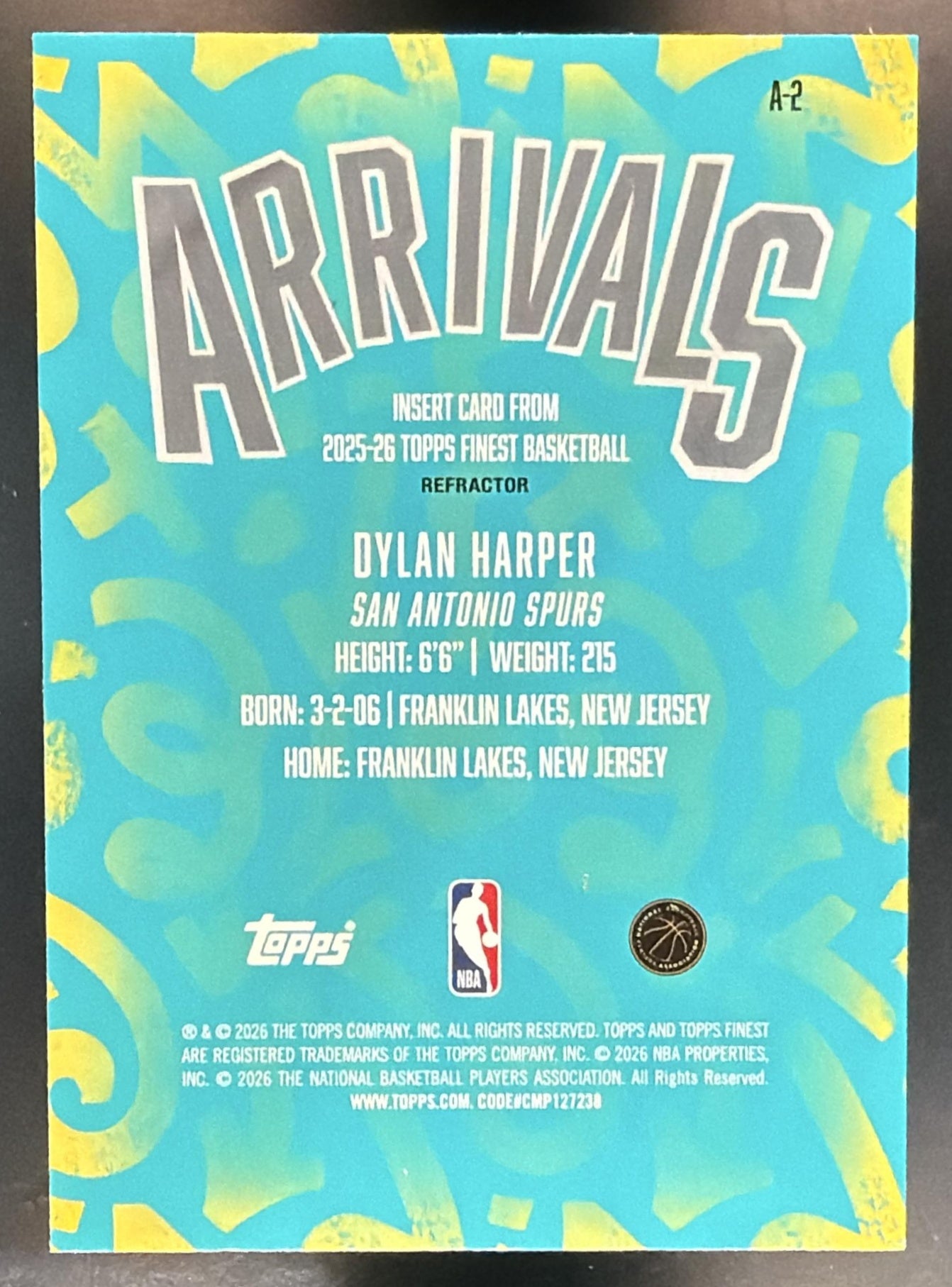 2025-26 Topps Finest Dylan Harper #A-2 Arrivals Refractor RC Spurs — back