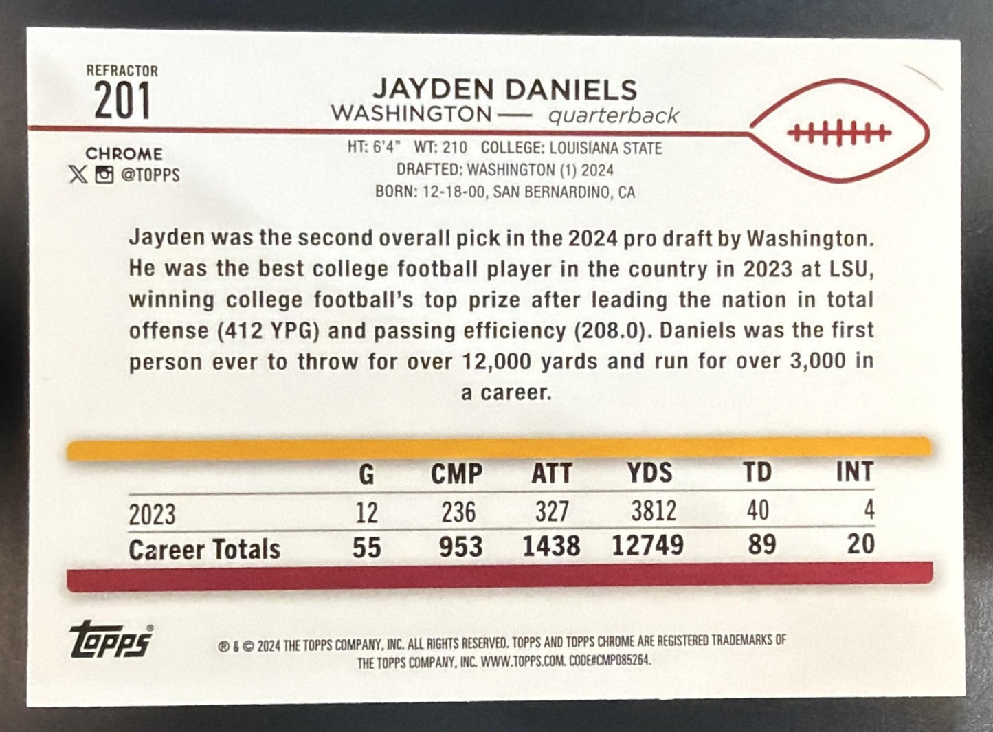 2024 Topps Chrome Jayden Daniels #201 Refractor RC Commanders — back