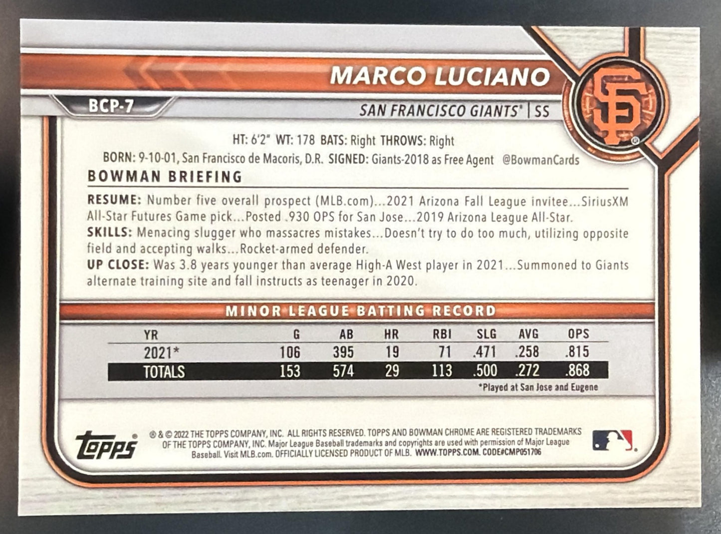 2022 Bowman Marco Luciano #BCP-7 Chrome Prospects Gold 3/50 Giants — back
