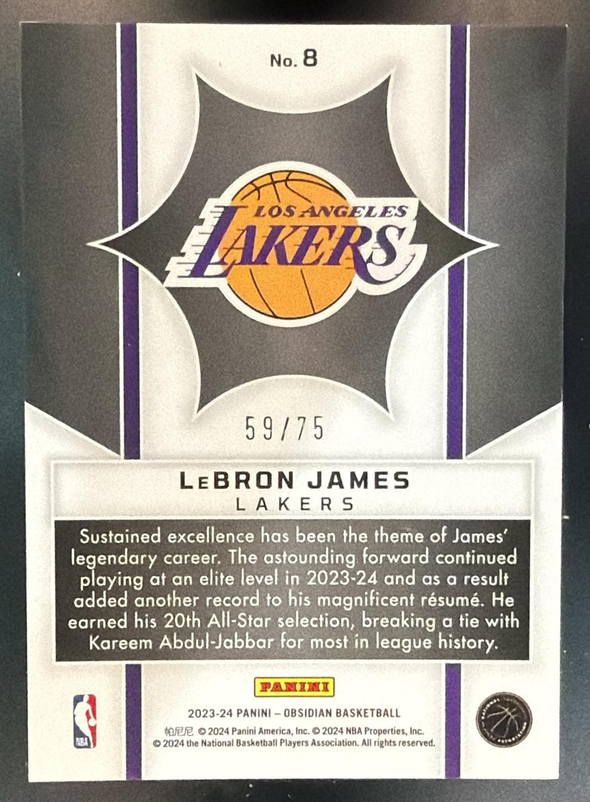 2023 Panini Obsidian LeBron James #8 Supernova Electric Etch Orange Flood /75 — back