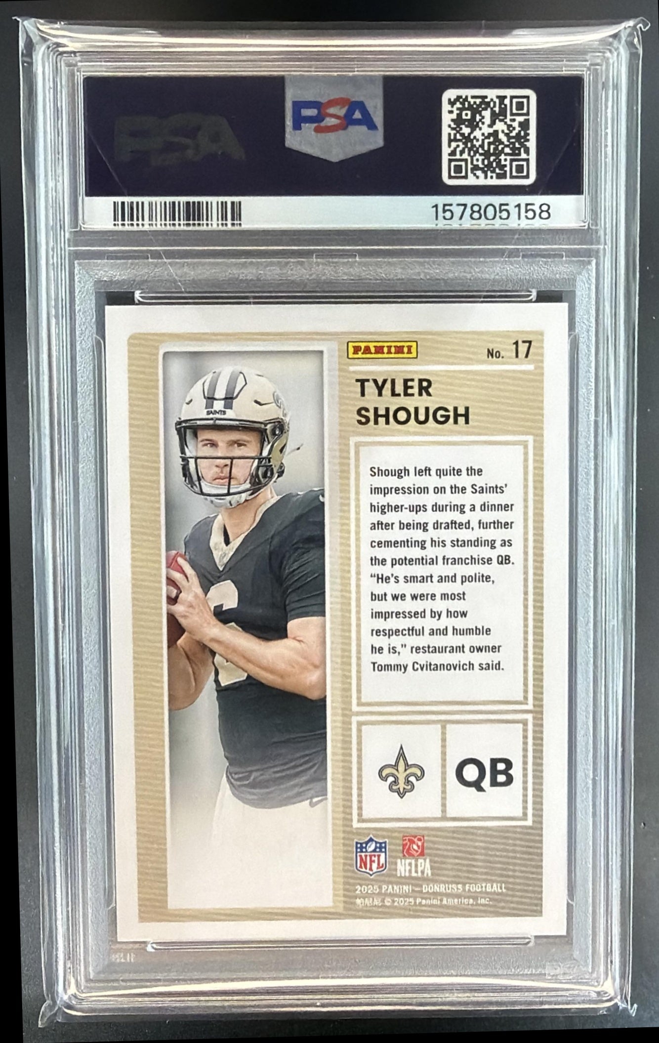 2025 Panini Donruss Tyler Shough #17 The Rookies RC Saints PSA 8 — back
