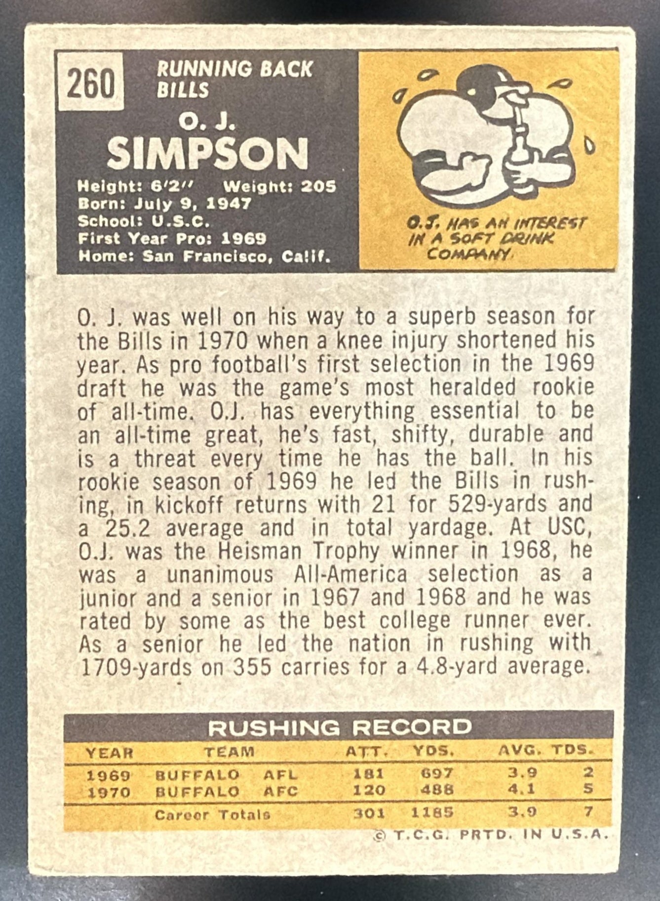 1971 Topps O.J. Simpson #260 Bills — back