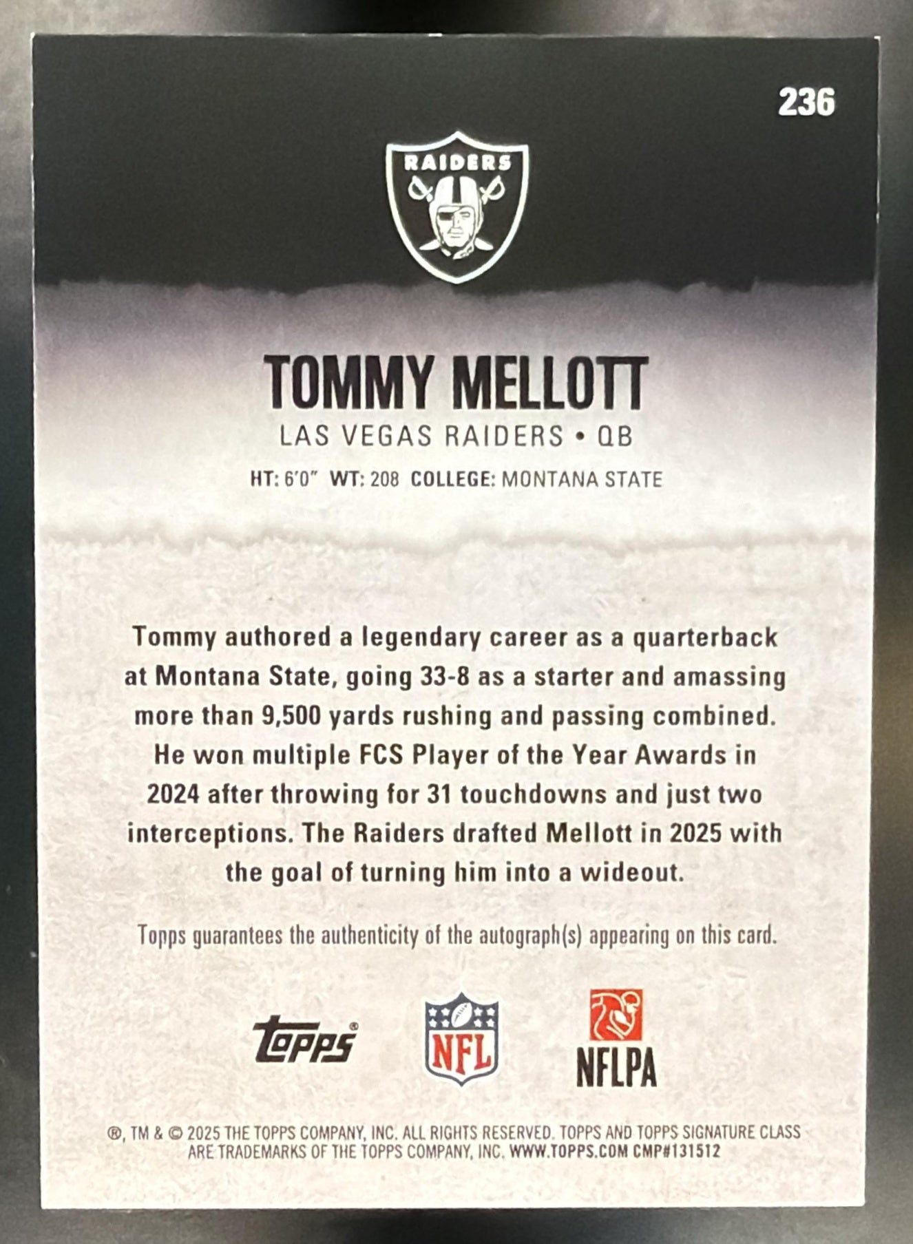 2025 Topps Signature Class Tommy Mellott #236 Rookie Auto Purple Foil /100 RC — back