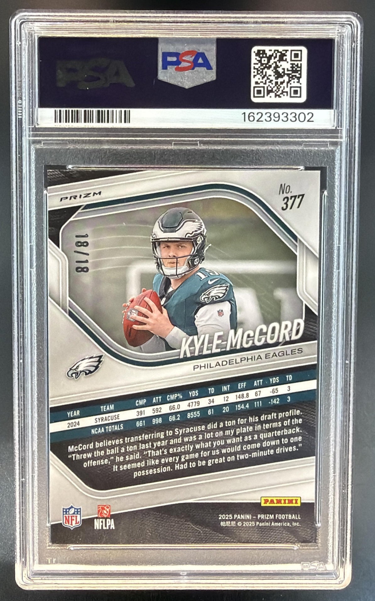 2025 Panini Prizm Kyle McCord #377 Lotus Flower 18/18 RC Eagles PSA 10 — back