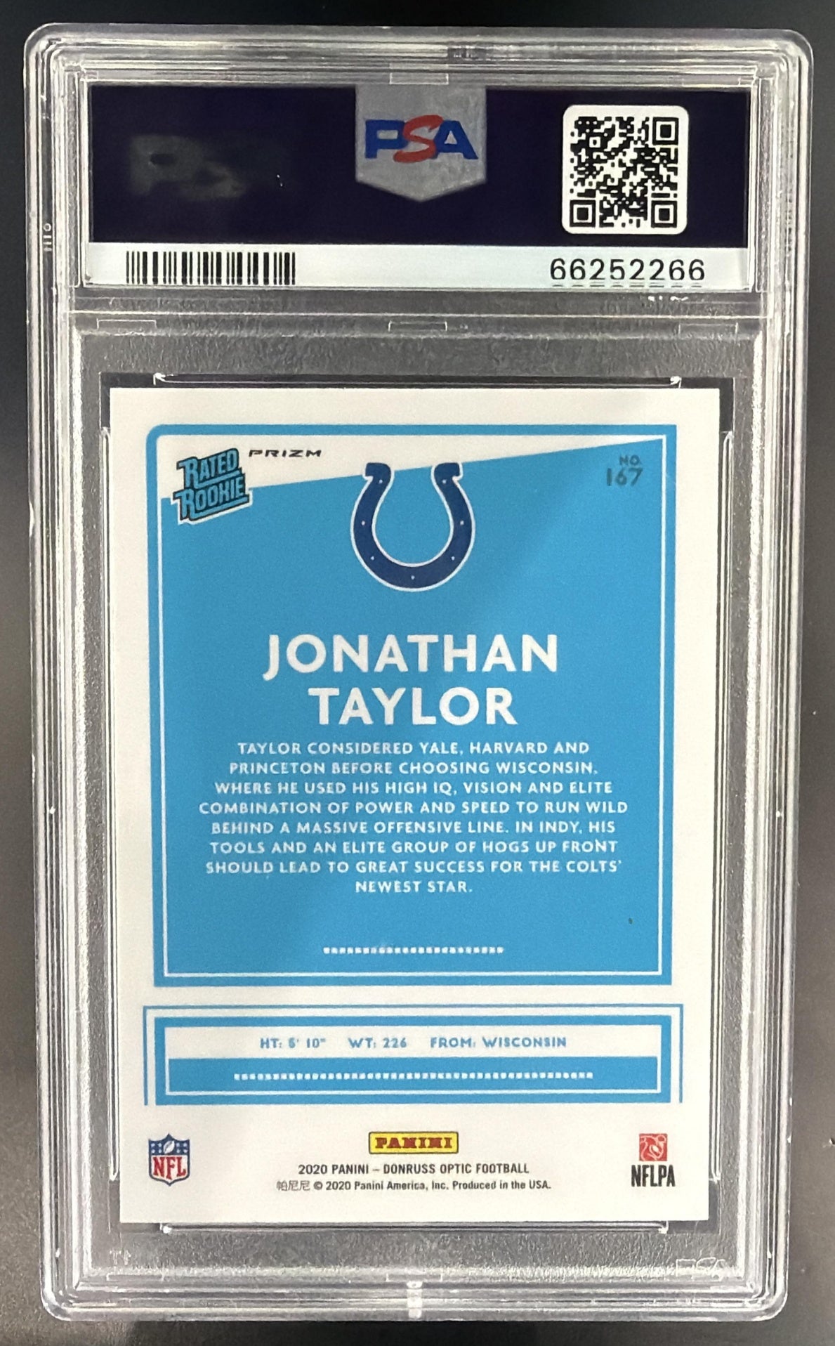 2020 Panini Donruss Optic Jonathan Taylor #167 Blue Scope Prizm RC Colts PSA 10 — back