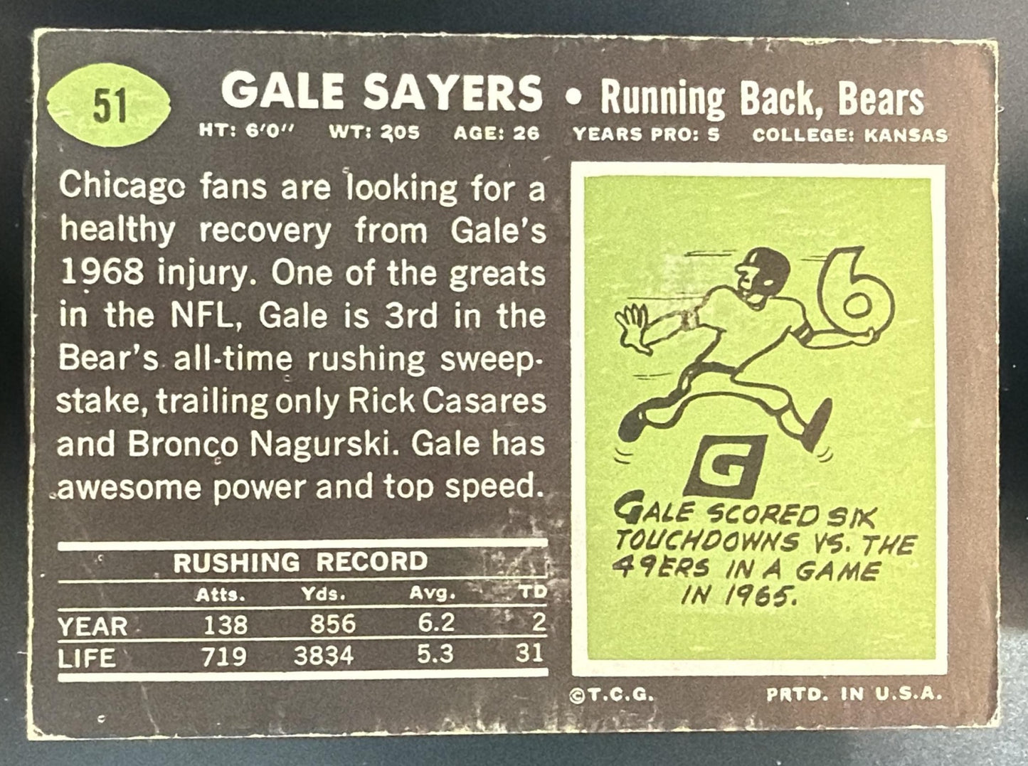 1969 Topps Gale Sayers #51 Bears — back