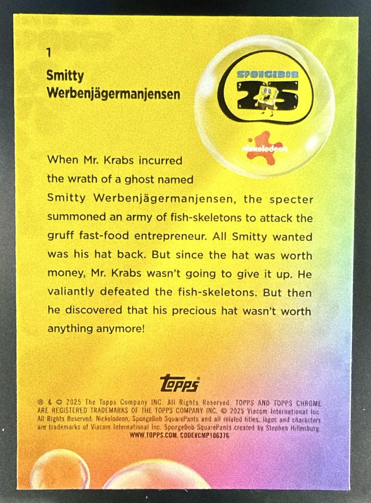 2025 Topps Chrome SpongeBob SquarePants Sapphire Smitty Werbenjagermanjensen — back
