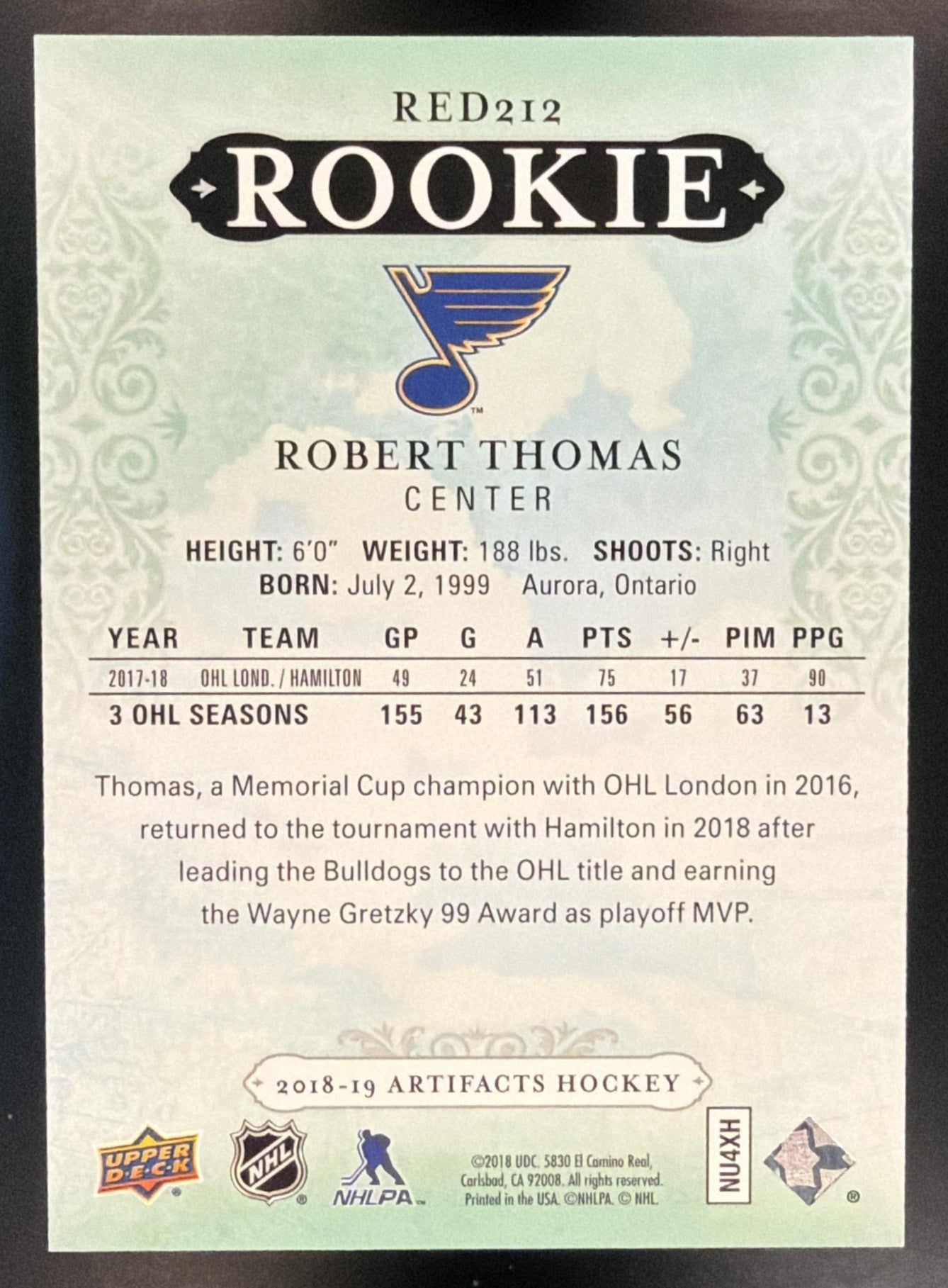 2018 Upper Deck Artifacts Robert Thomas #RED212 Rookie Exchange Emerald /99 RC — back