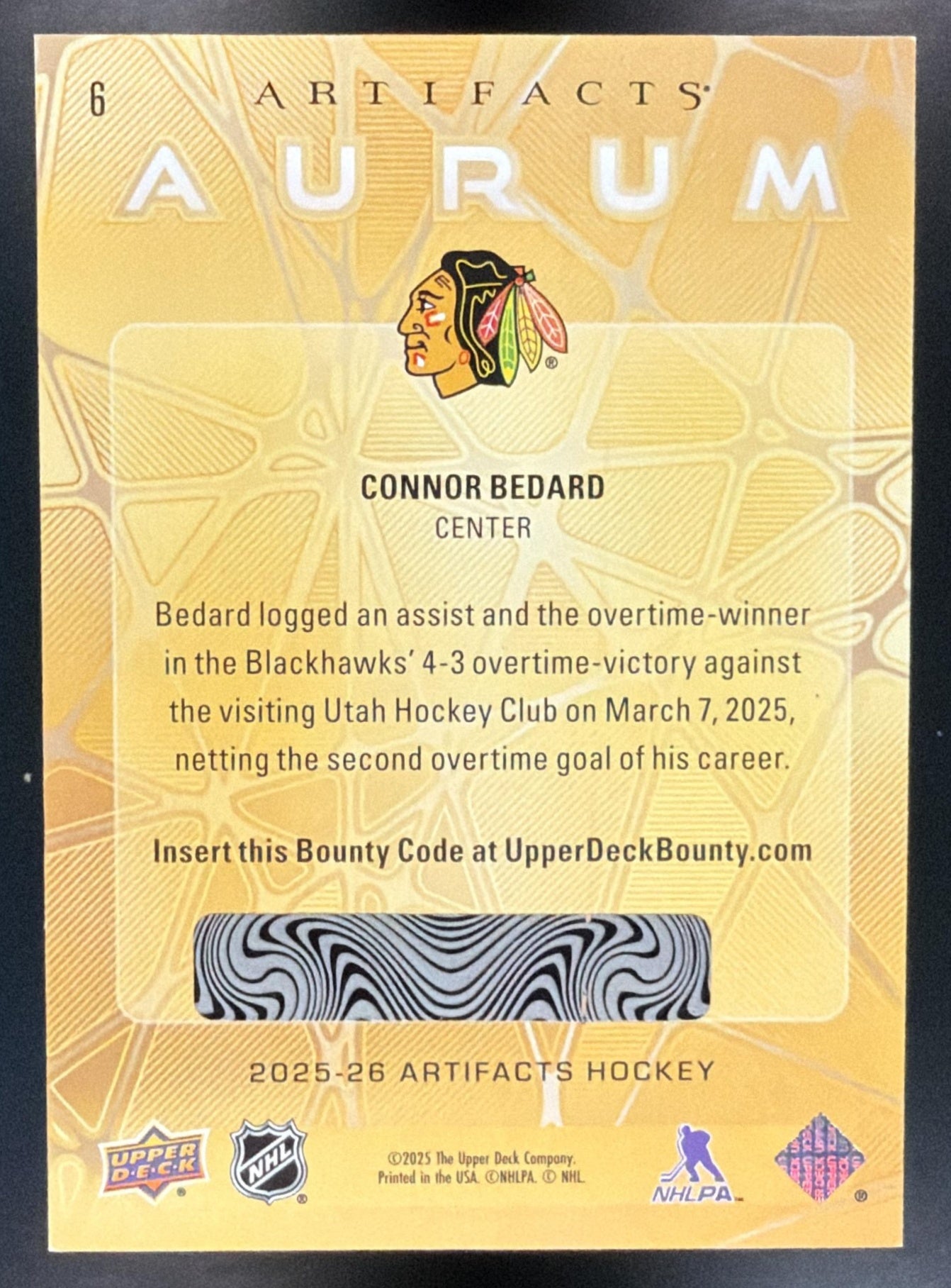 2025-26 Upper Deck Artifacts Connor Bedard #6 Aurum Blackhawks — back