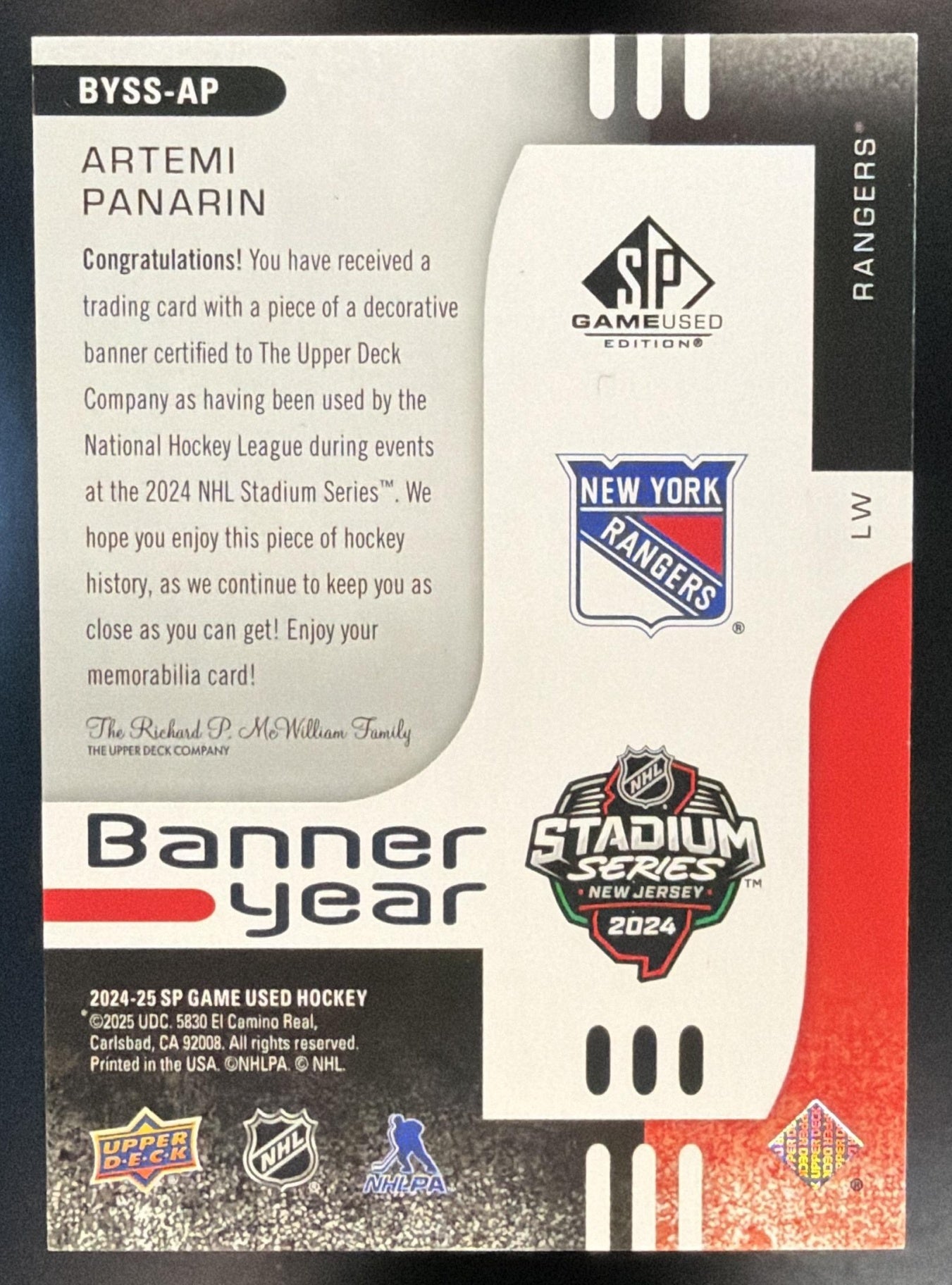 2024-25 UD SP Game Used Artemi Panarin #BYSS-AP Stadium Series Banner Year — back