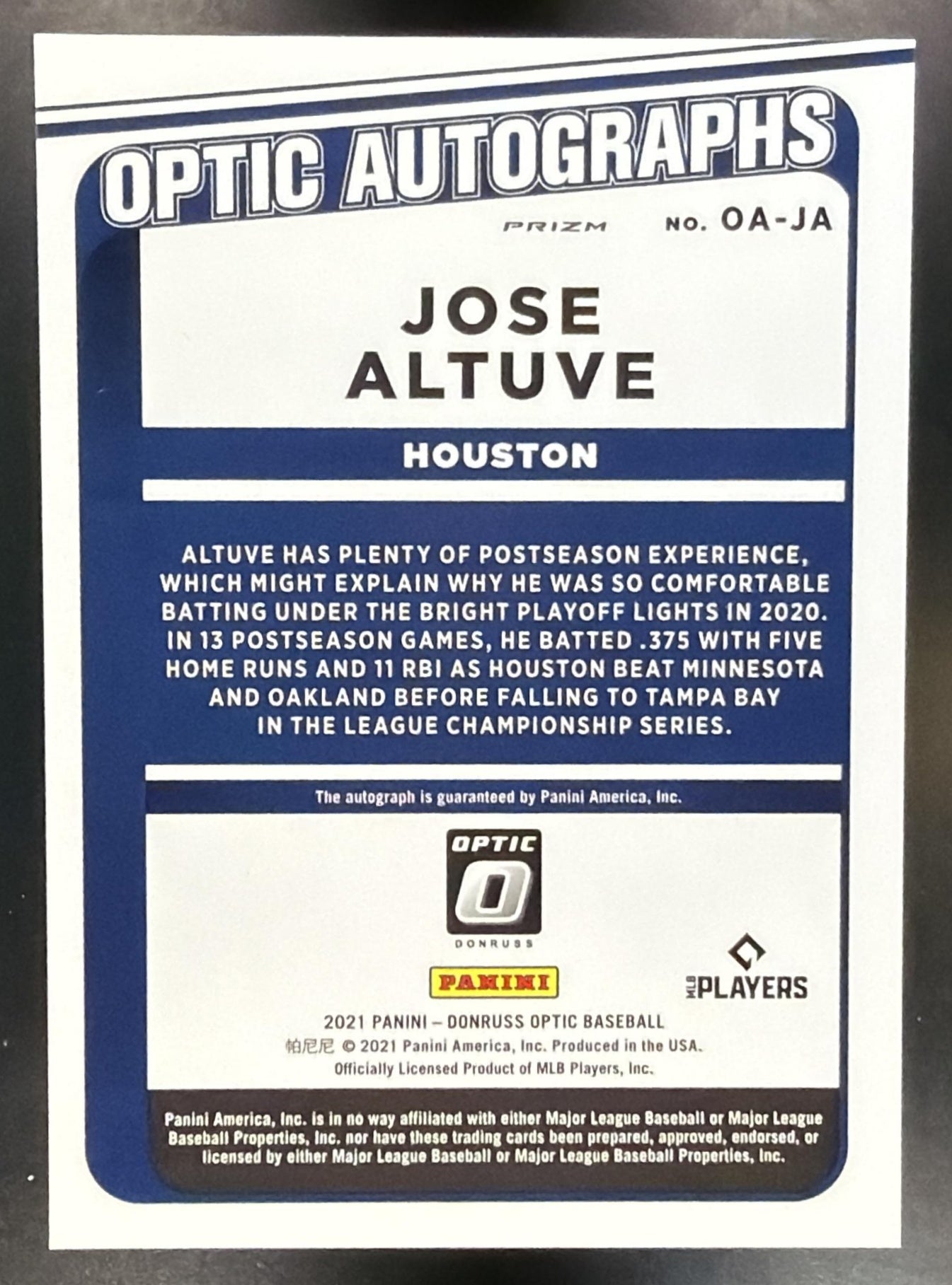 2021 Panini Donruss Optic Autographs Jose Altuve Astros — back