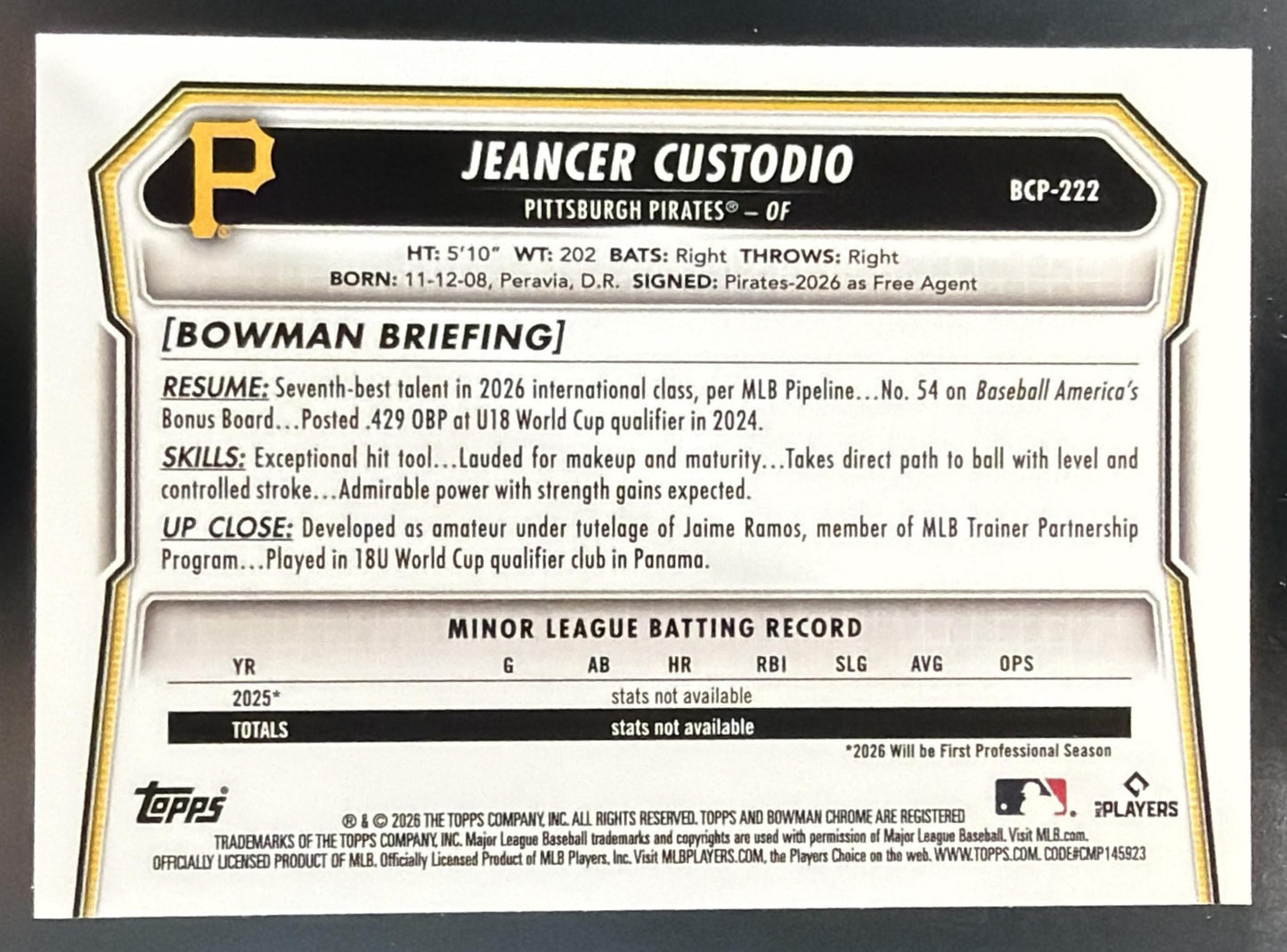 2026 Bowman Chrome Jeancer Custodio #BCP-222 Peanuts Refractor SP 1st Prospect — back