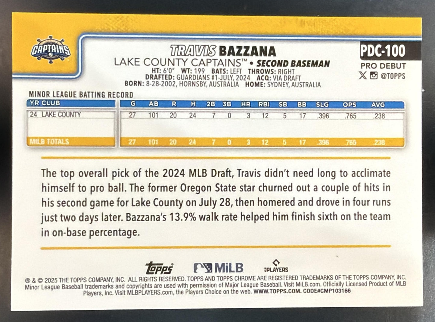 2025 Topps Pro Debut Travis Bazzana #PDC-100 Chrome Orange Refractor /25 — back