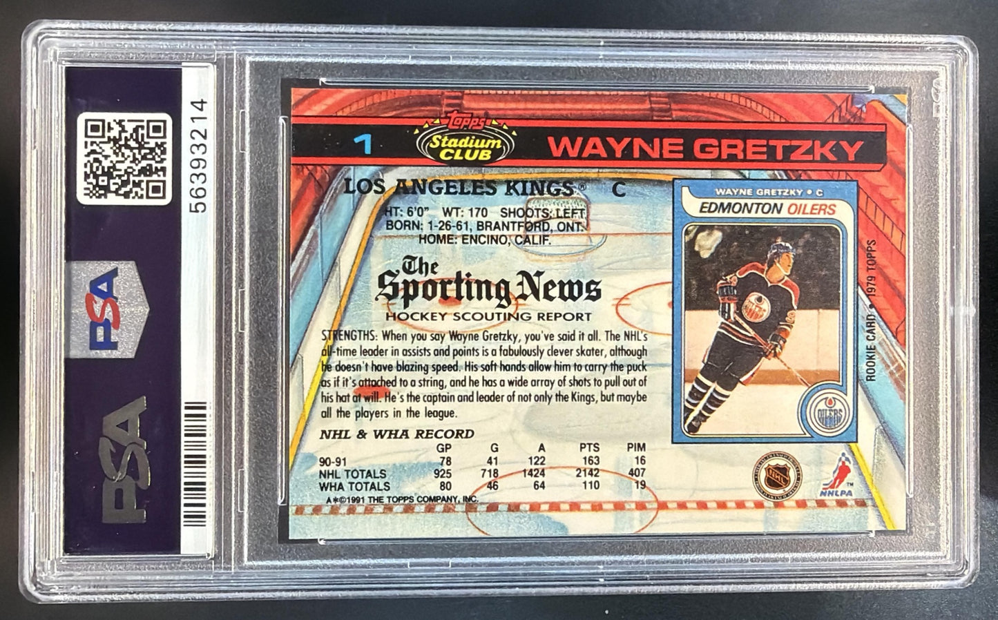 1991-92 Topps Stadium Club Wayne Gretzky #1 Kings PSA 9 — back