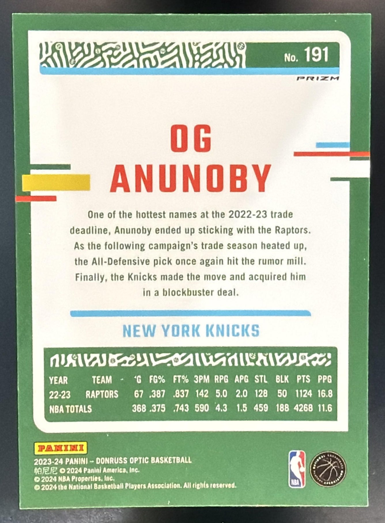 2023-24 Panini Donruss Optic OG Anunoby #191 Checkerboard Prizm Knicks — back