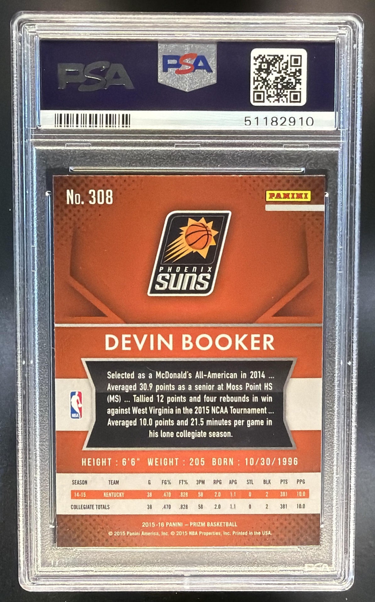 2015-16 Panini Prizm Devin Booker #308 RC Suns PSA 9 — back