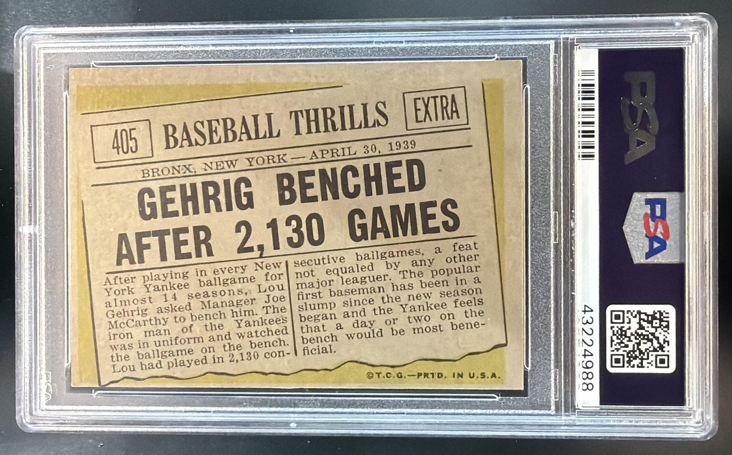 1961 Topps Gehrig Benched After 2130 Games BT #405 Yankees PSA 6 — back