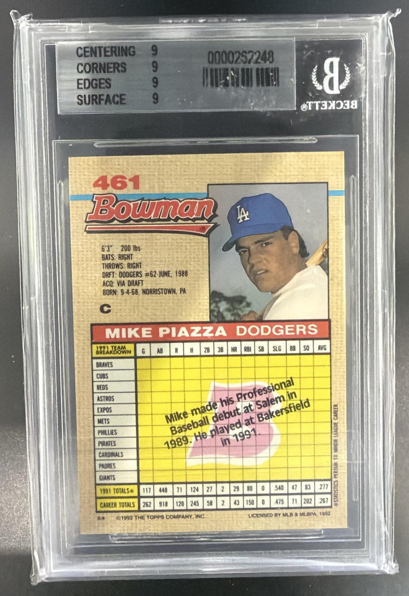 1992 Bowman Mike Piazza #461 RC Dodgers BGS 9 — back