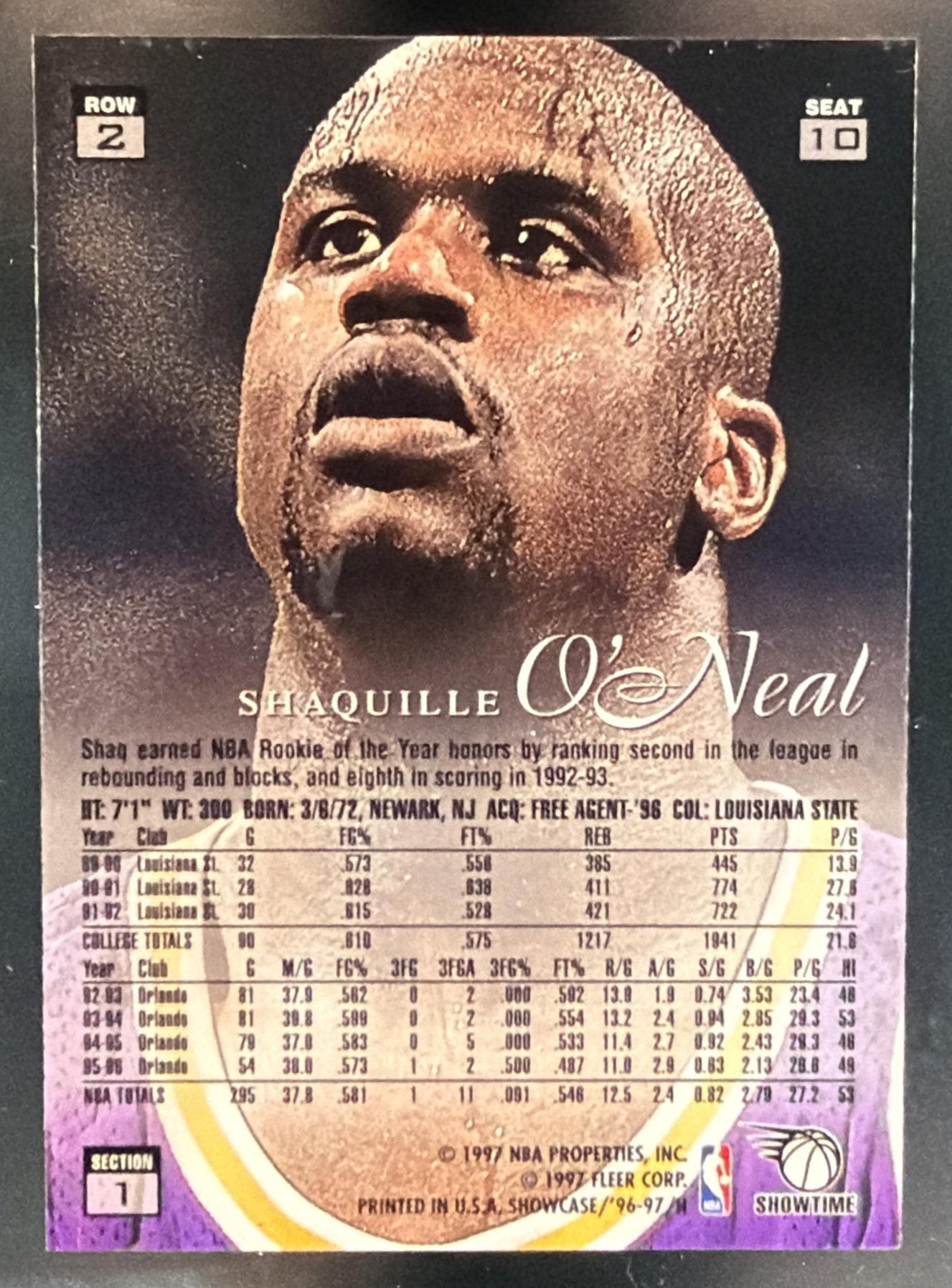 1996-97 Fleer Flair Showcase Shaquille O'Neal #10 Row 2 Style Lakers — back