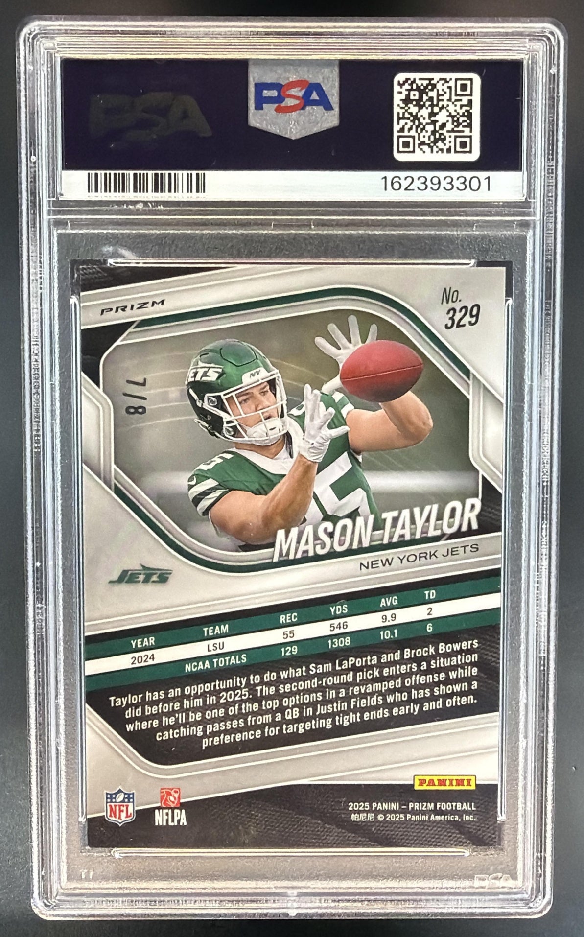 2025 Panini Prizm Mason Taylor #329 Plum Blossom 7/8 RC Jets PSA 9 — back
