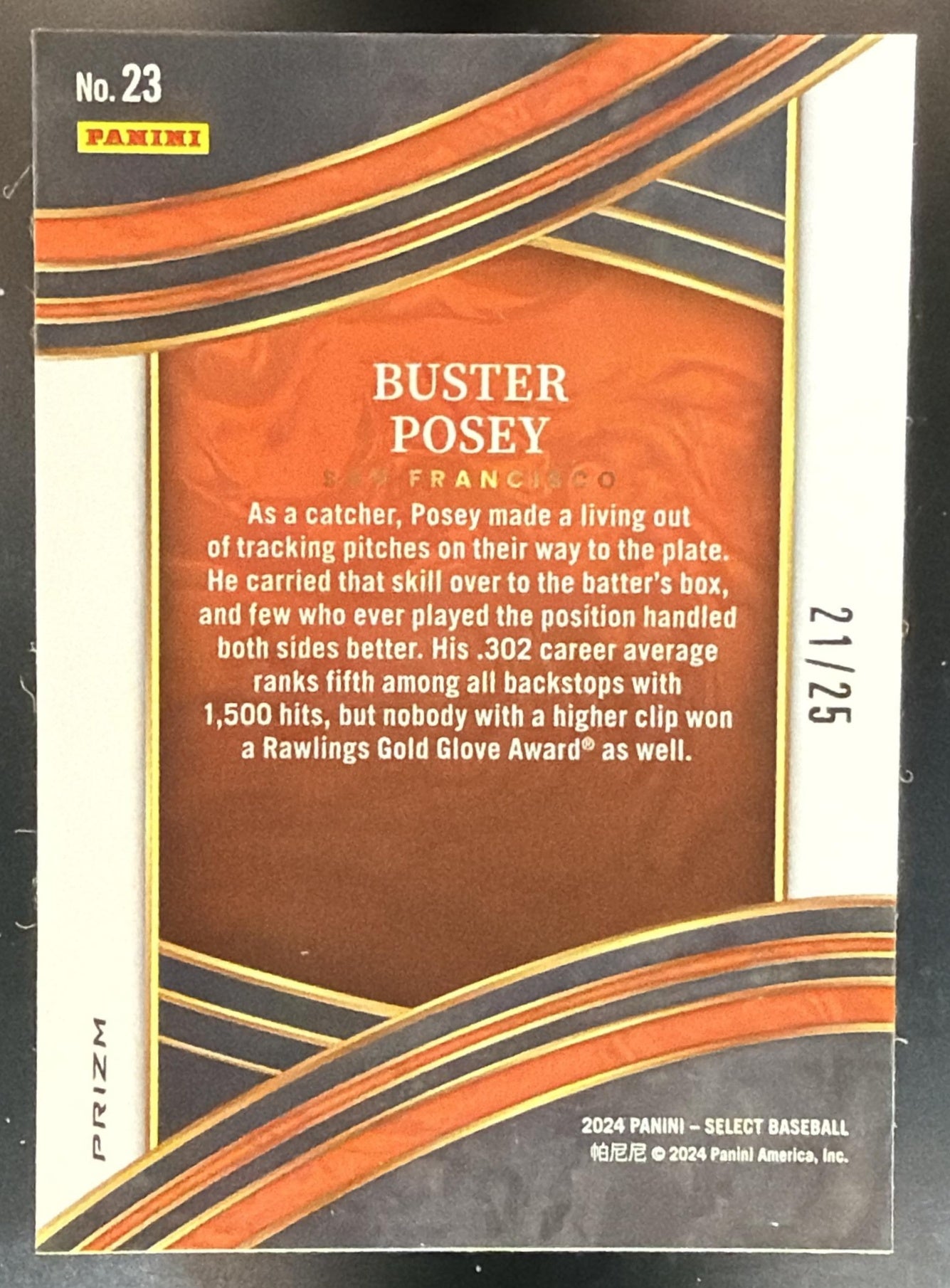 2024 Panini Select Buster Posey #23 Numbers Tie Dye Prizms 21/25 Giants — back
