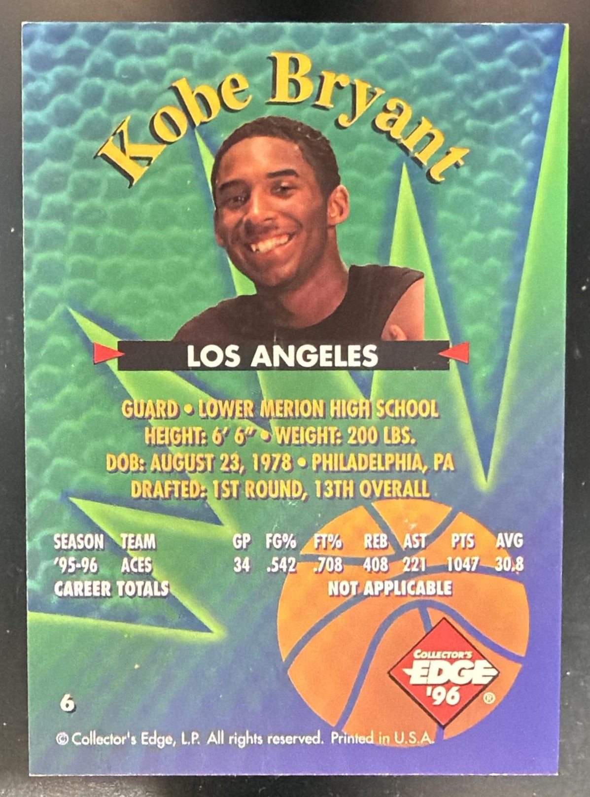 1996 Collector's Edge Rookie Rage Kobe Bryant #6 Gold — back