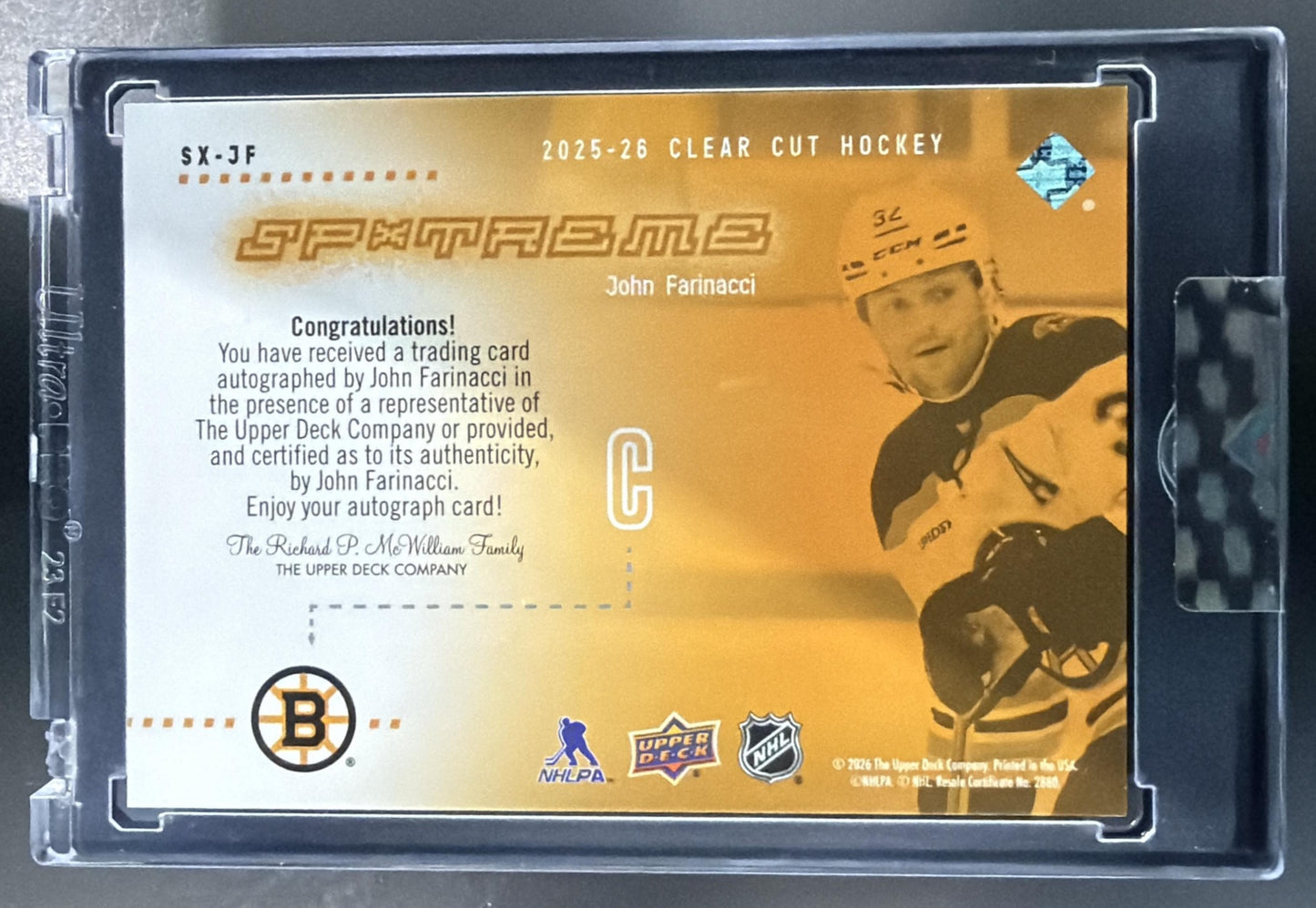 2025 Upper Deck Clear Cut John Farinacci #SX-JF 2000-01 SPx Spxtreme RC Auto — back