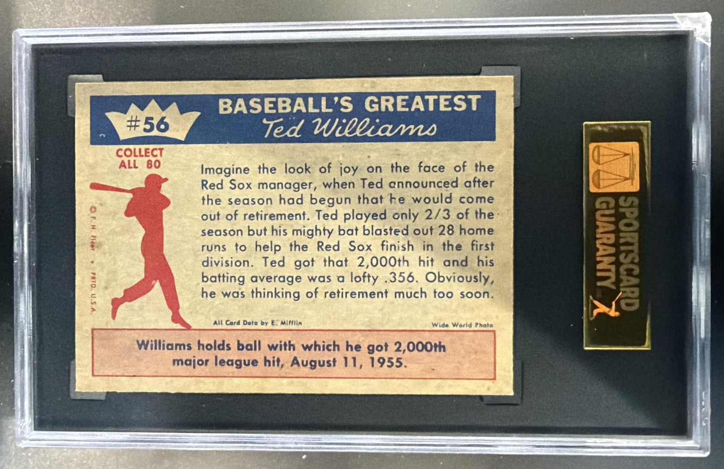1959 Fleer Ted Williams 2,000th Major League Hit #56 Red Sox SGC 8 — back