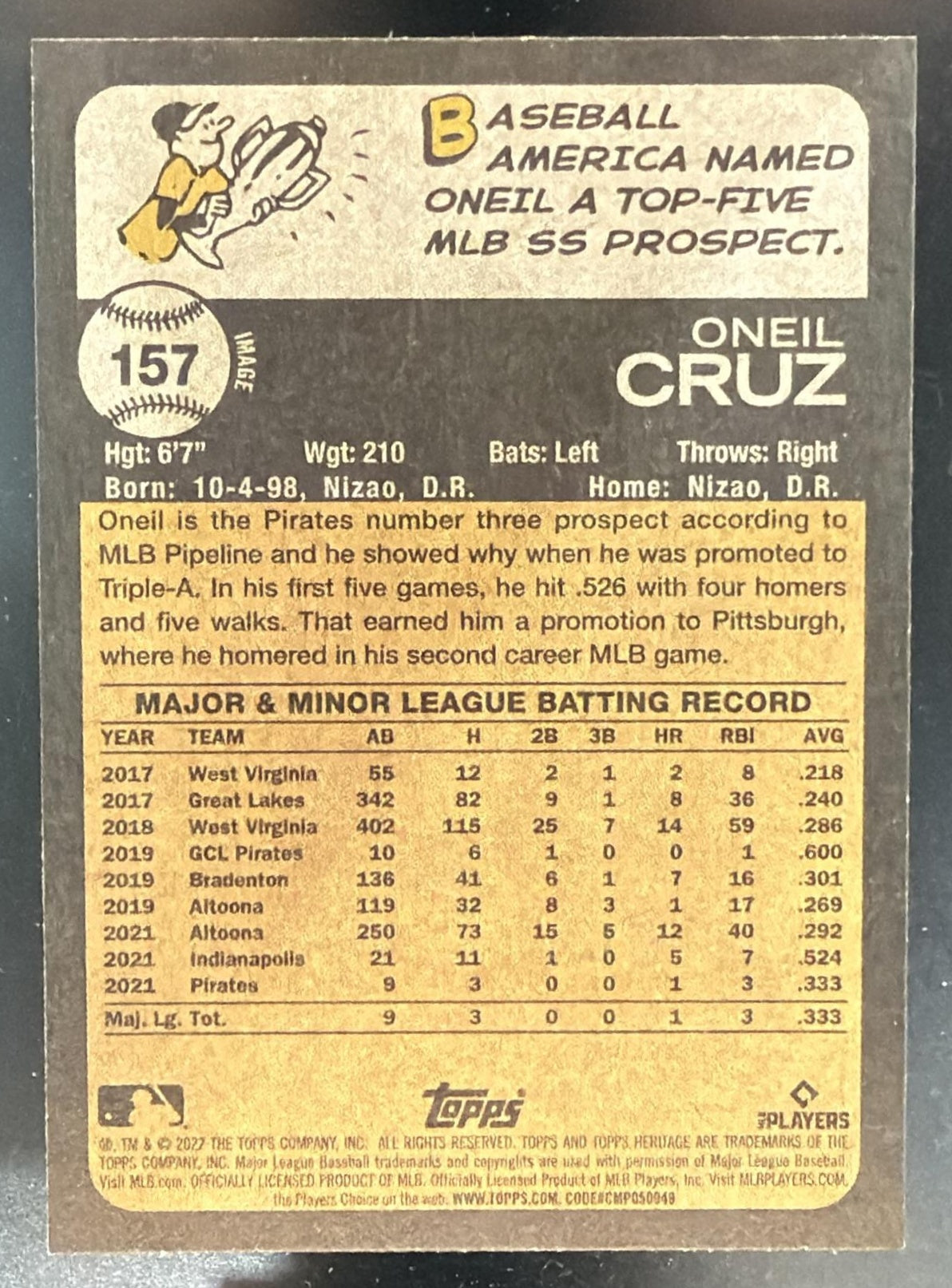 2022 Topps Heritage Oneil Cruz #157 SP RC IMAGE VARIATION Pirates — back