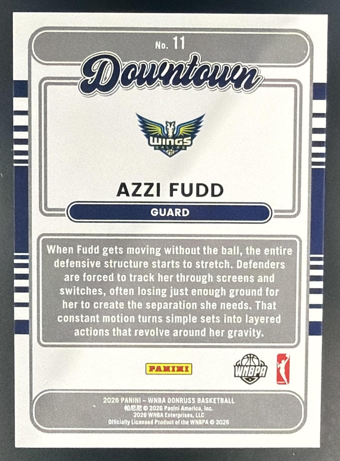 2026 Panini Donruss WNBA Azzi Fudd #11 Downtown RC SSP Wings — back