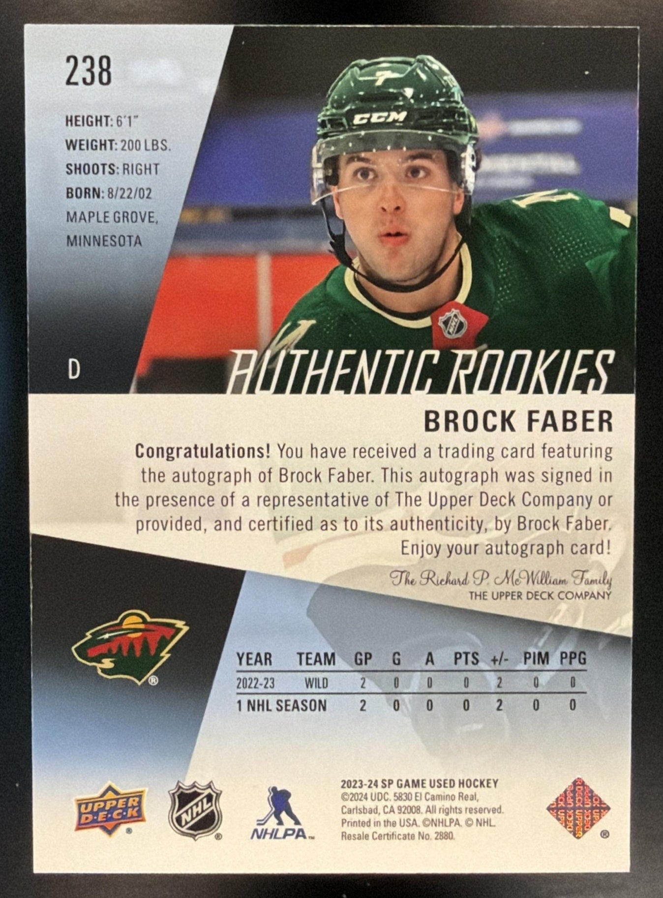 2023-24 Upper Deck SP Game Used Brock Faber #238 Auto RC Wild — back