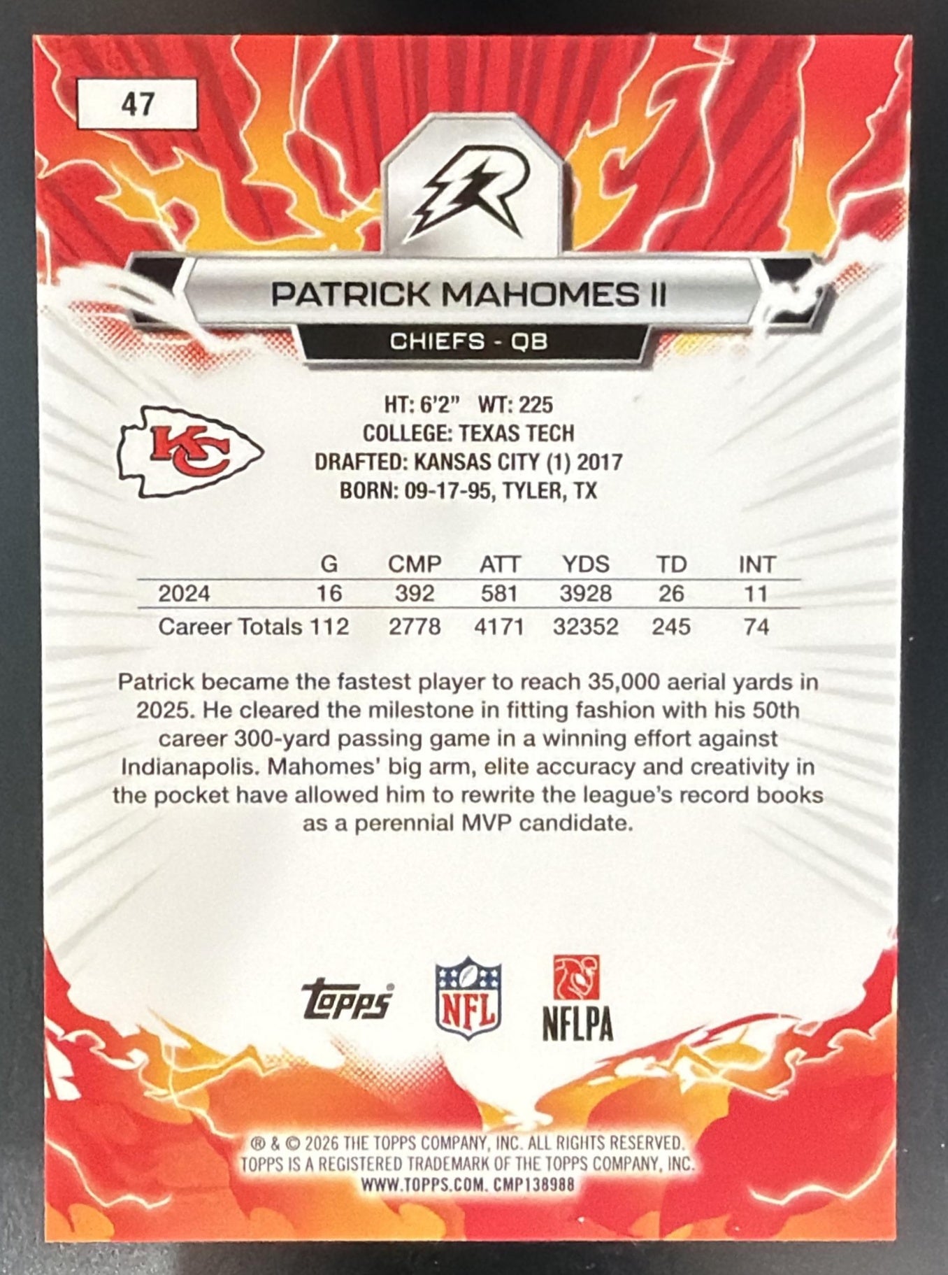 2025 Topps Resurgence Patrick Mahomes II #47 Magenta Surge Refractor /299 — back
