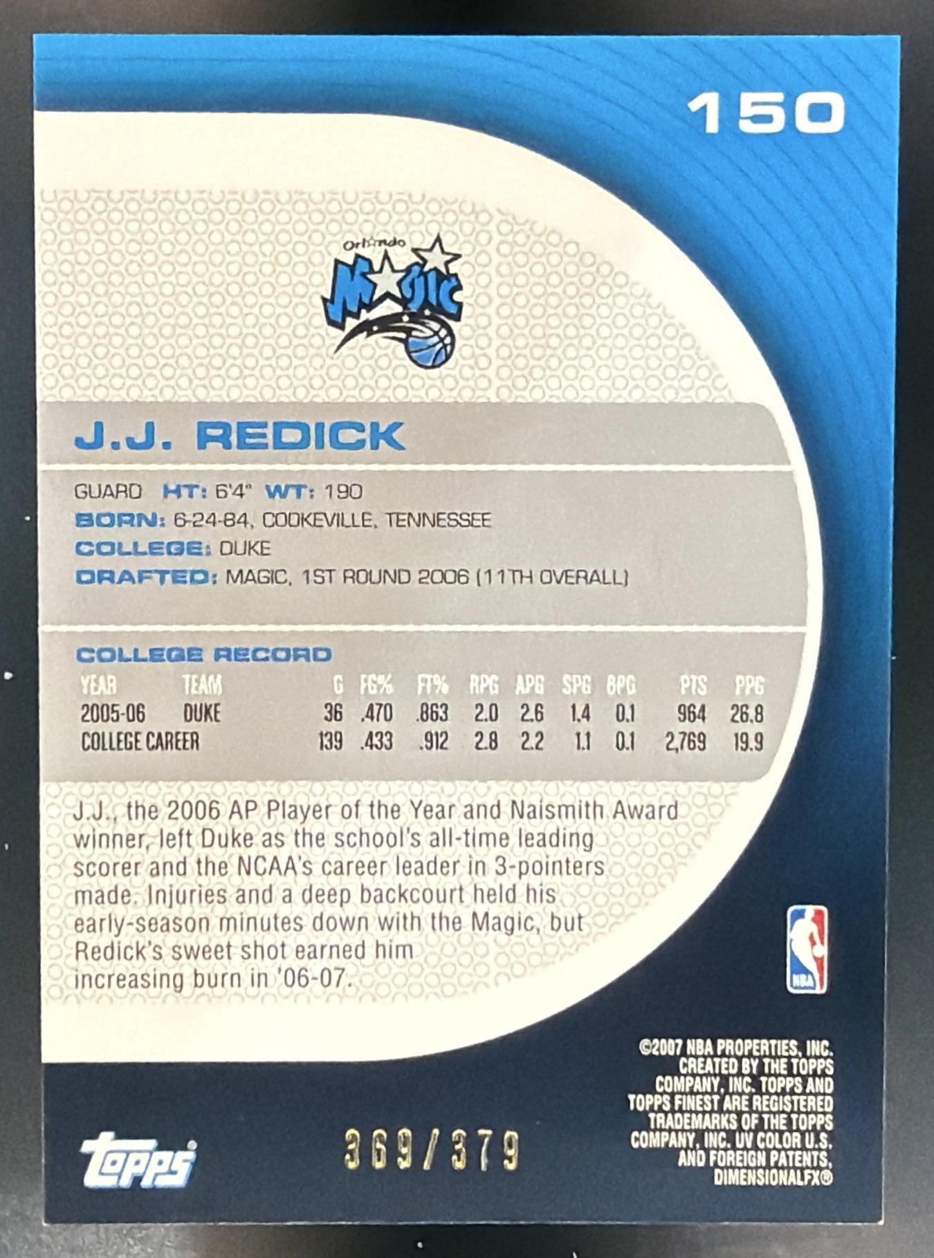 2005-06 Topps Finest J.J. Redick #150/379 Magic — back