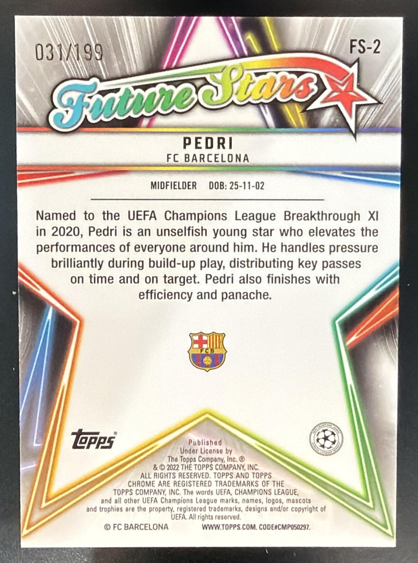 2021 Topps Chrome UEFA Champions League Pedri Future Stars Aqua Refractor /199 — back