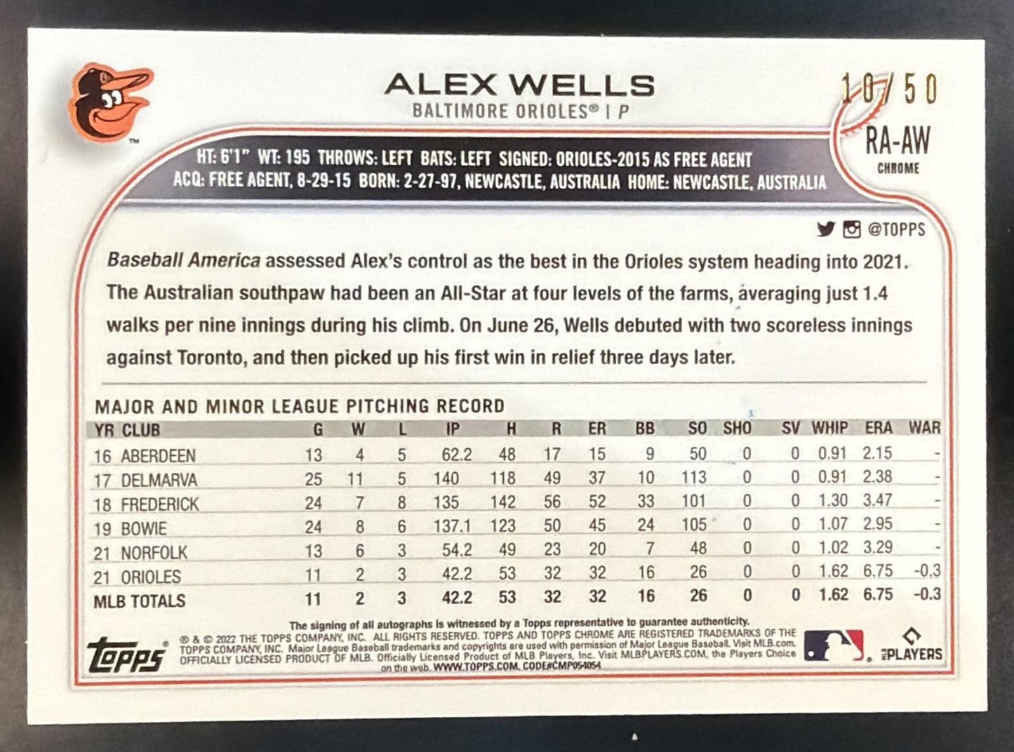 2022 Topps Chrome Alex Wells #RA-AW Rookie Auto Gold Wave Refractor /50 RC — back