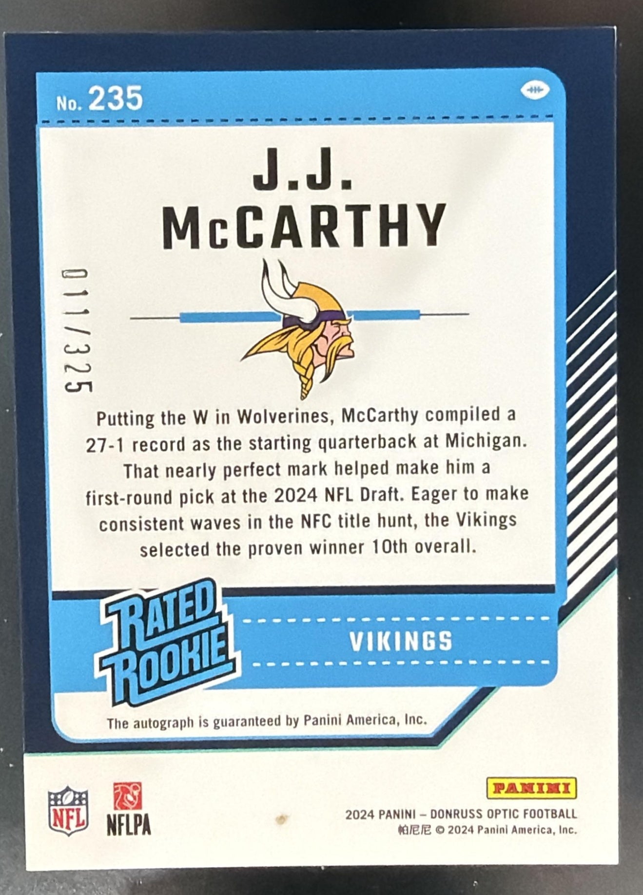 2024 Panini Donruss Optic J.J. McCarthy #235 Rated Rookie RPS Auto /325 — back