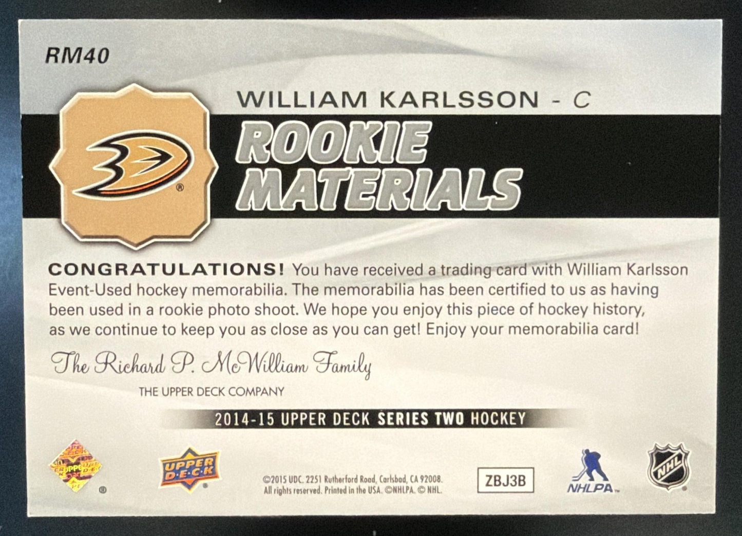 2014-15 Upper Deck William Karlsson #RM40 Rookie Materials MEM RC Ducks — back