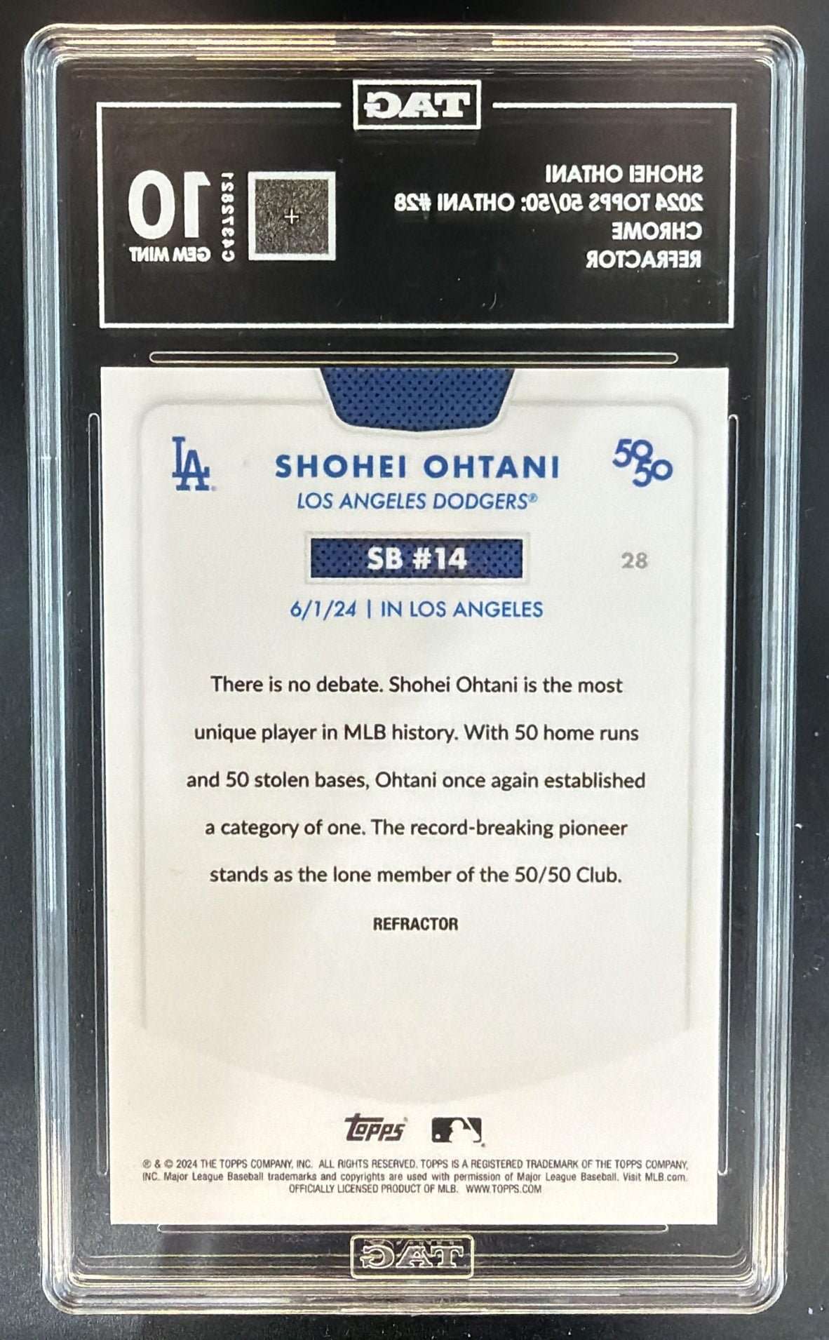 2024 Topps 50/50: Shohei Ohtani #28 Chrome Refractor Dodgers TAG 10 — back