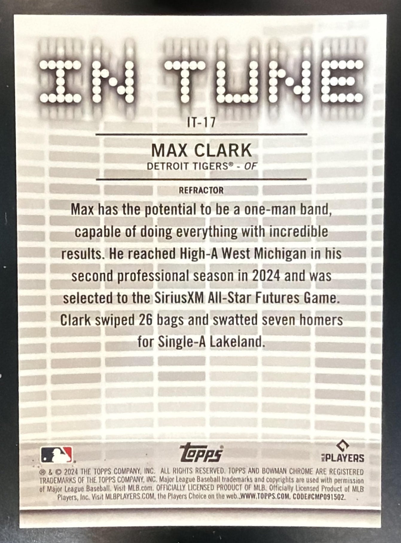 2024 Bowman Draft Max Clark #IT-17 In Tune Refractor 31/250 Tigers — back