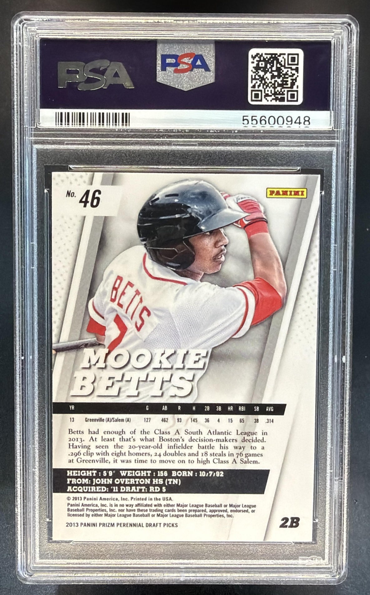 2013 Panini Prizm Perennial Draft Picks Mookie Betts #46 Red Sox PSA 9 — back