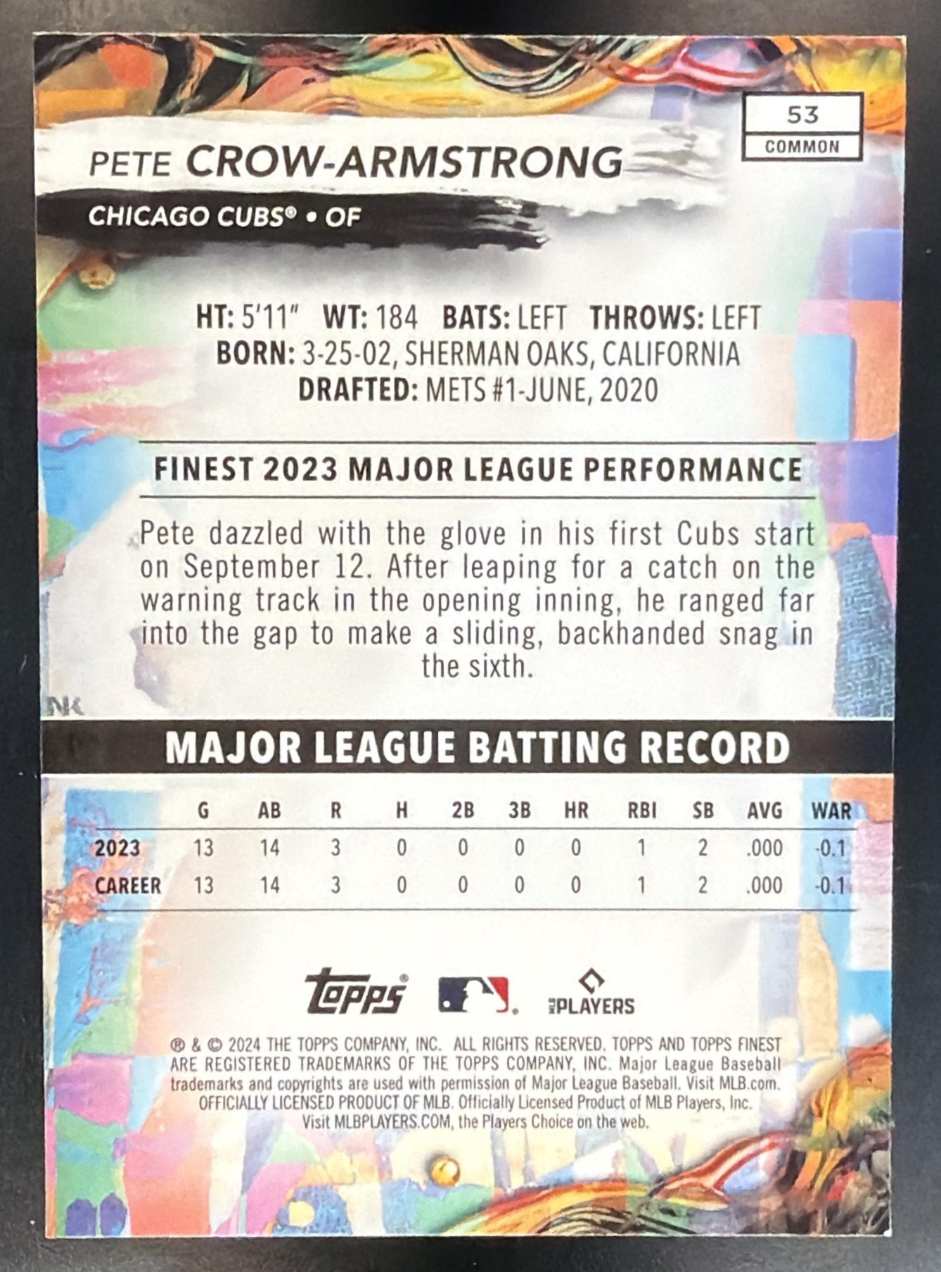 2024 Topps Finest Pete Crow-Armstrong #53 Checkerboard Refractor Common RC Cubs — back