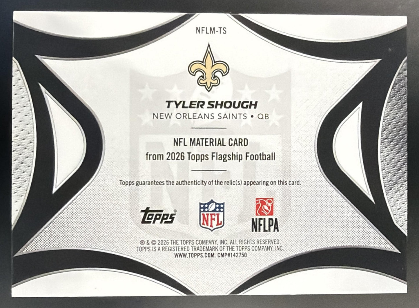 2026 Topps Tyler Shough #NFLM-TS NFL Material MEM Saints — back
