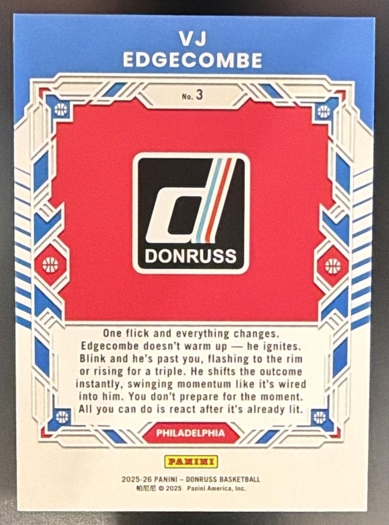 2025-26 Panini Donruss VJ Edgecombe #3 Elite Series Yellow Lava /15 RC 76ers — back