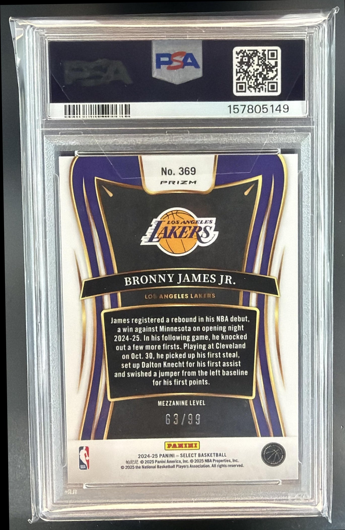 2024 Panini Select Bronny James Jr. #369 Mezzanine Blue Flash Prizm /99 RC PSA 8 — back
